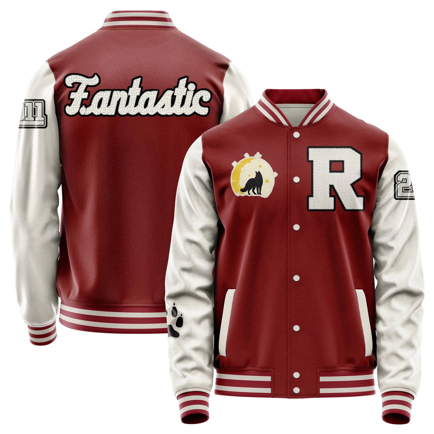 Custom Dark Red Varsity Jacket Patches Beige Leather Sleeves - Fox Paw Prints