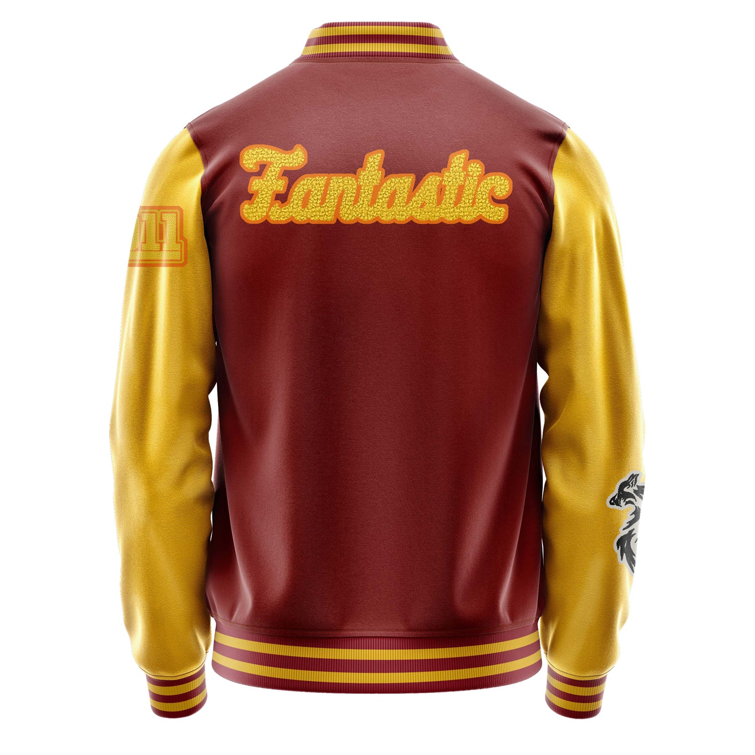 Custom Dark Red Varsity Jacket Patches Egg Yellow Leather Sleeves - Fox Silhouette