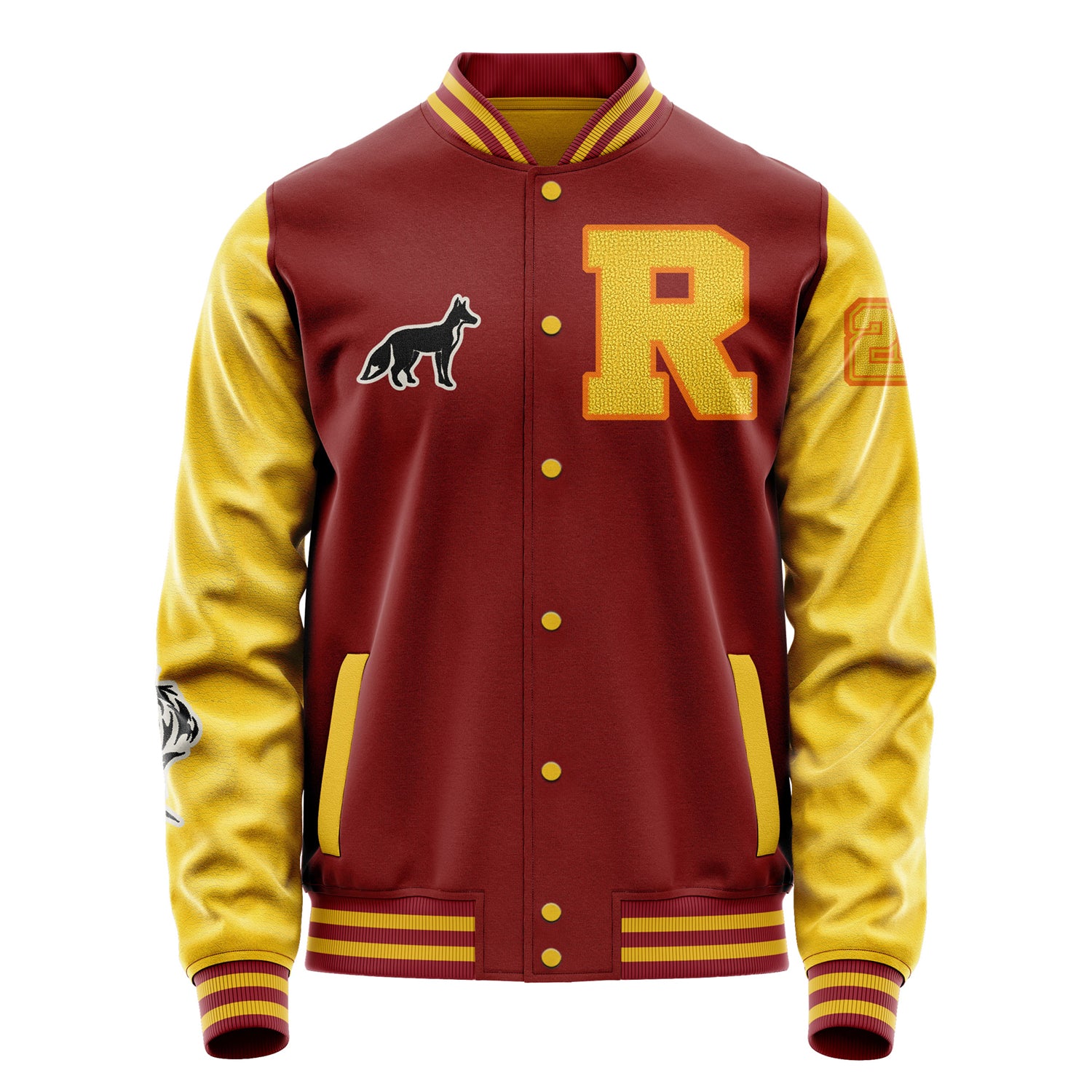 Custom Dark Red Varsity Jacket Patches Egg Yellow Leather Sleeves - Fox Silhouette