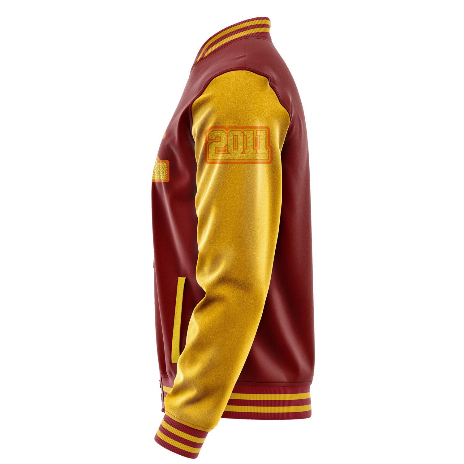 Custom Dark Red Varsity Jacket Patches Egg Yellow Leather Sleeves - Fox Silhouette