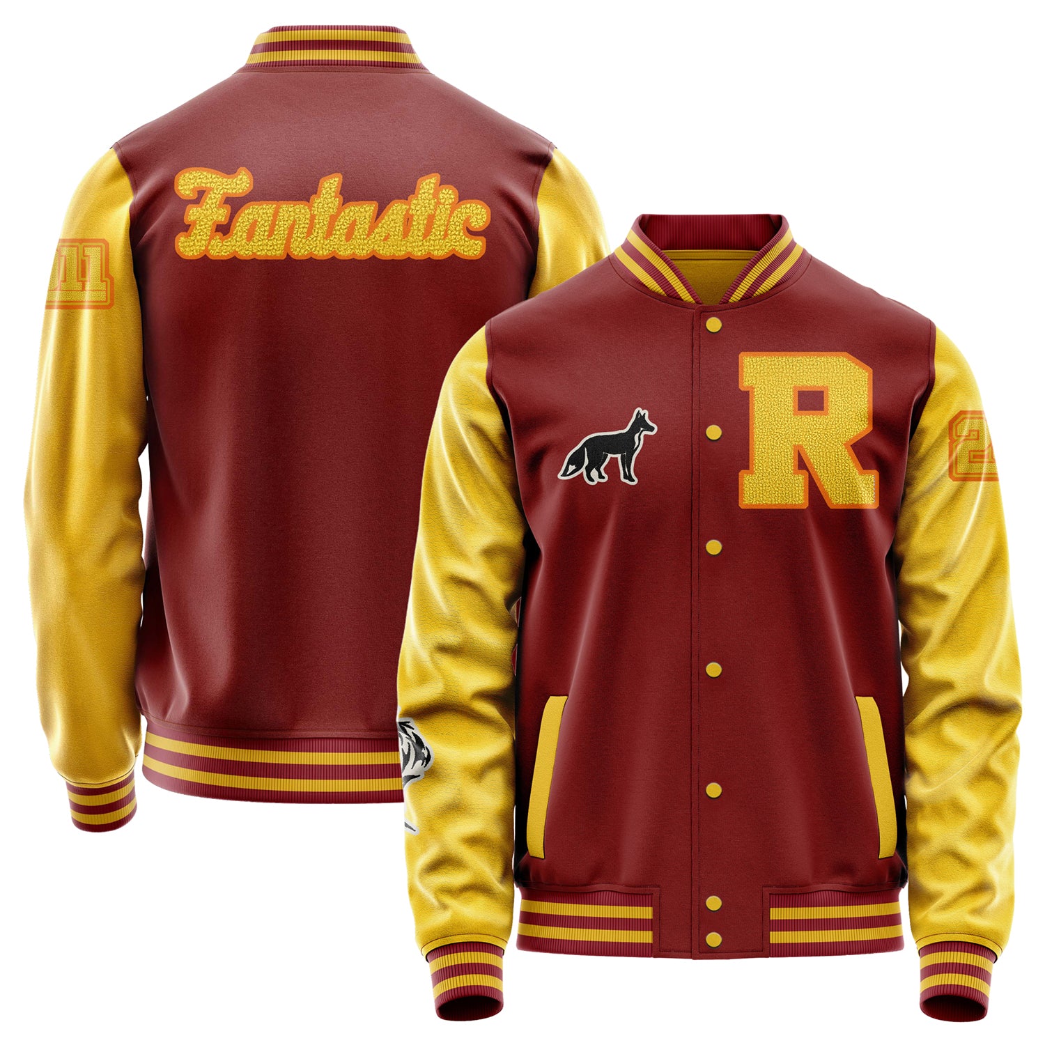 Custom Dark Red Varsity Jacket Patches Egg Yellow Leather Sleeves - Fox Silhouette