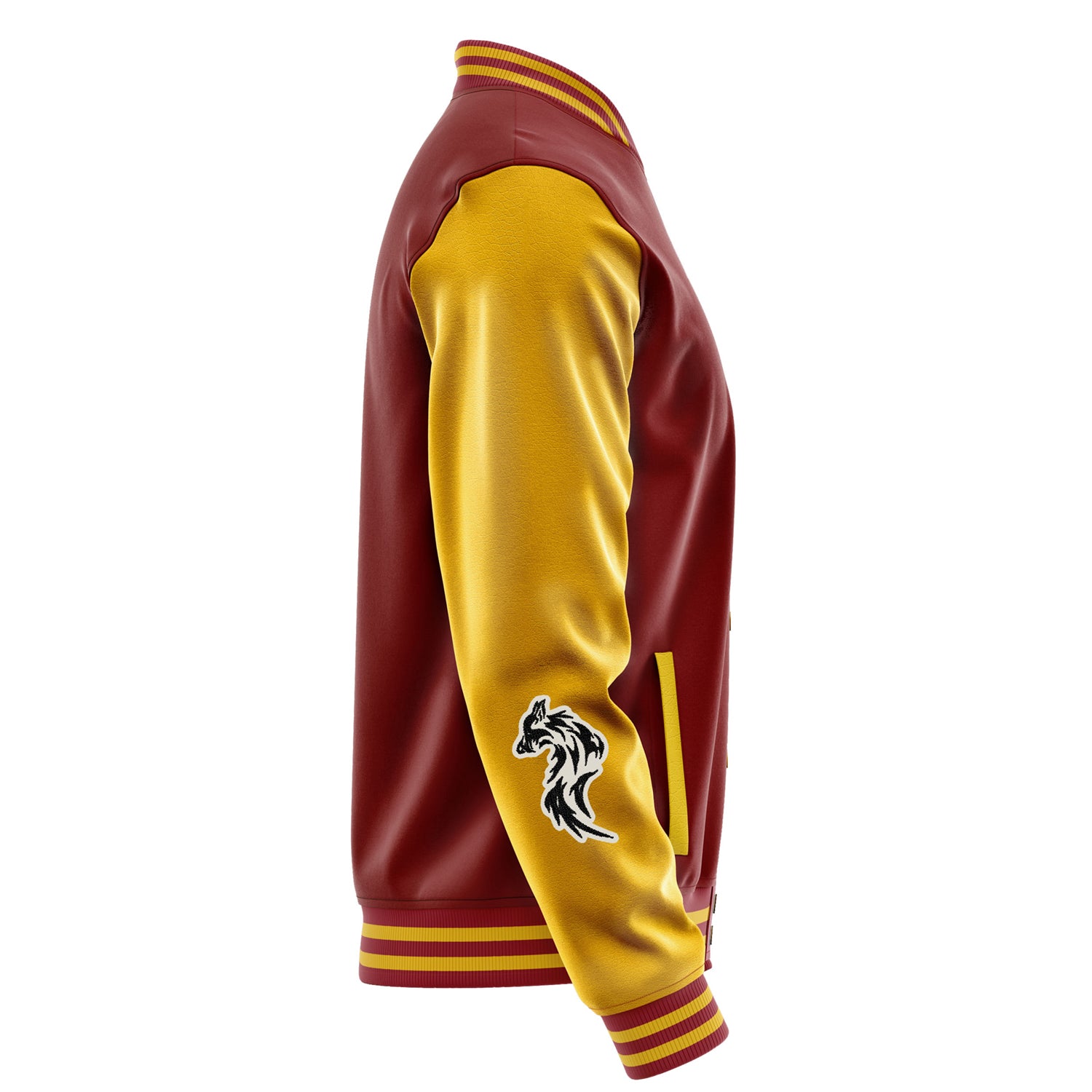 Custom Dark Red Varsity Jacket Patches Egg Yellow Leather Sleeves - Fox Silhouette