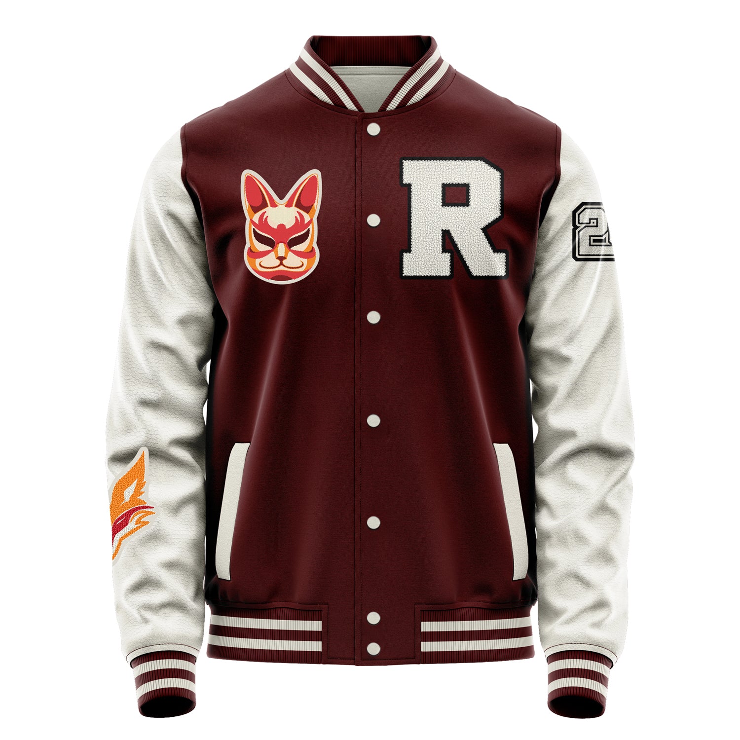 Custom Wine Red Varsity Jacket Patches Beige Leather Sleeves - Fox head