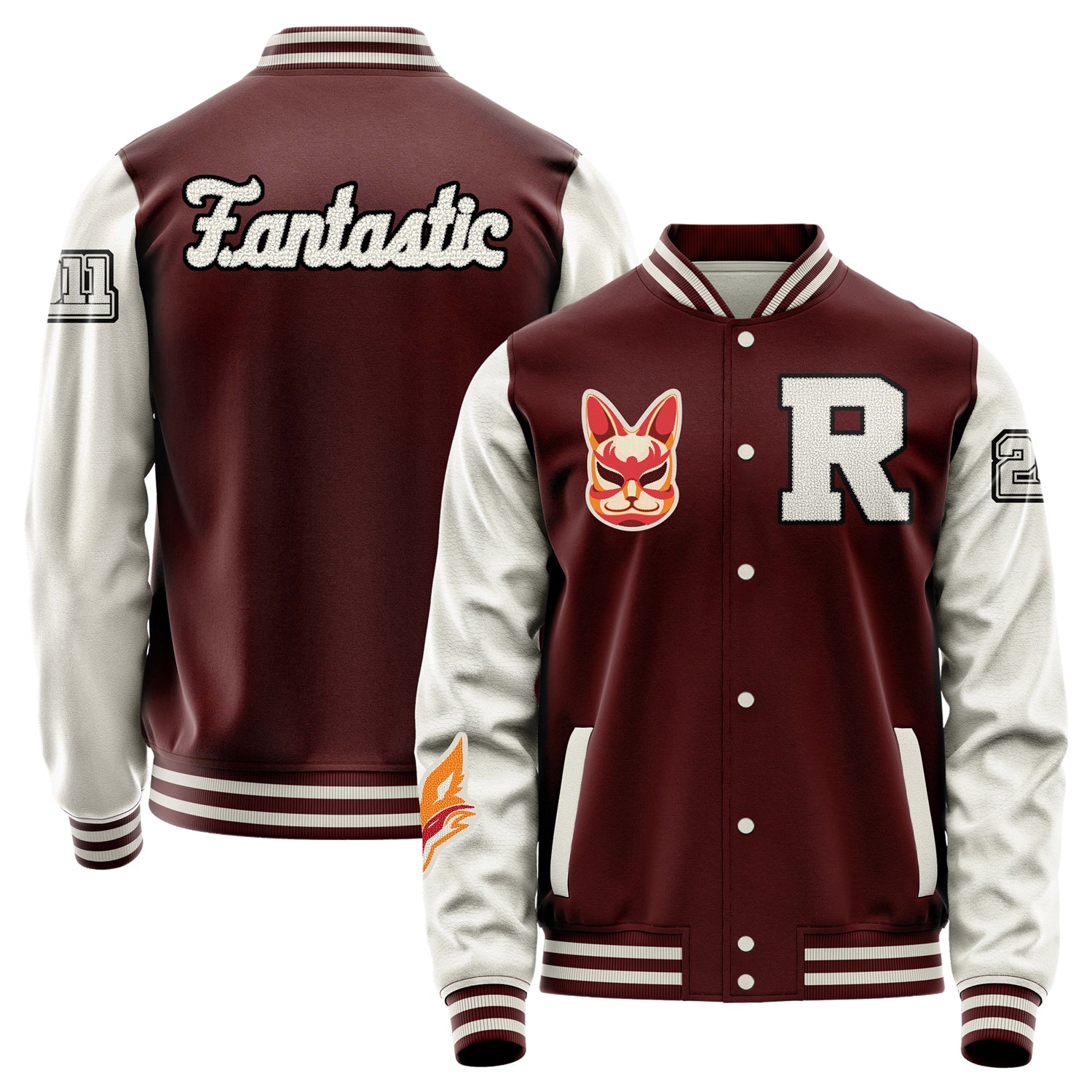 Custom Wine Red Varsity Jacket Patches Beige Leather Sleeves - Fox head