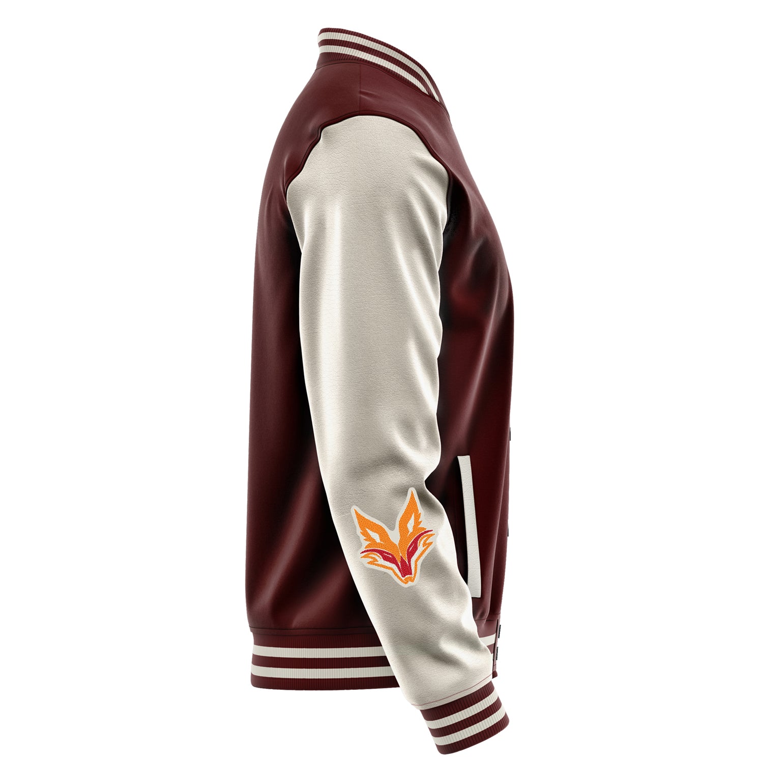 Custom Wine Red Varsity Jacket Patches Beige Leather Sleeves - Fox head