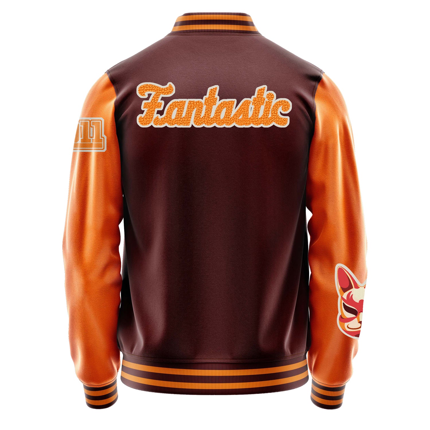 Custom Wine Red Varsity Jacket Patches Orange Leather Sleeves - For Fox Sake.I Don't Care!