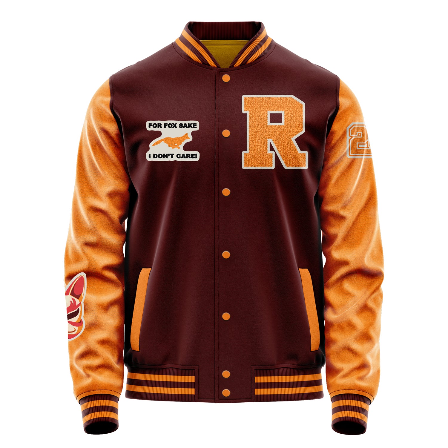 Custom Wine Red Varsity Jacket Patches Orange Leather Sleeves - For Fox Sake.I Don't Care!