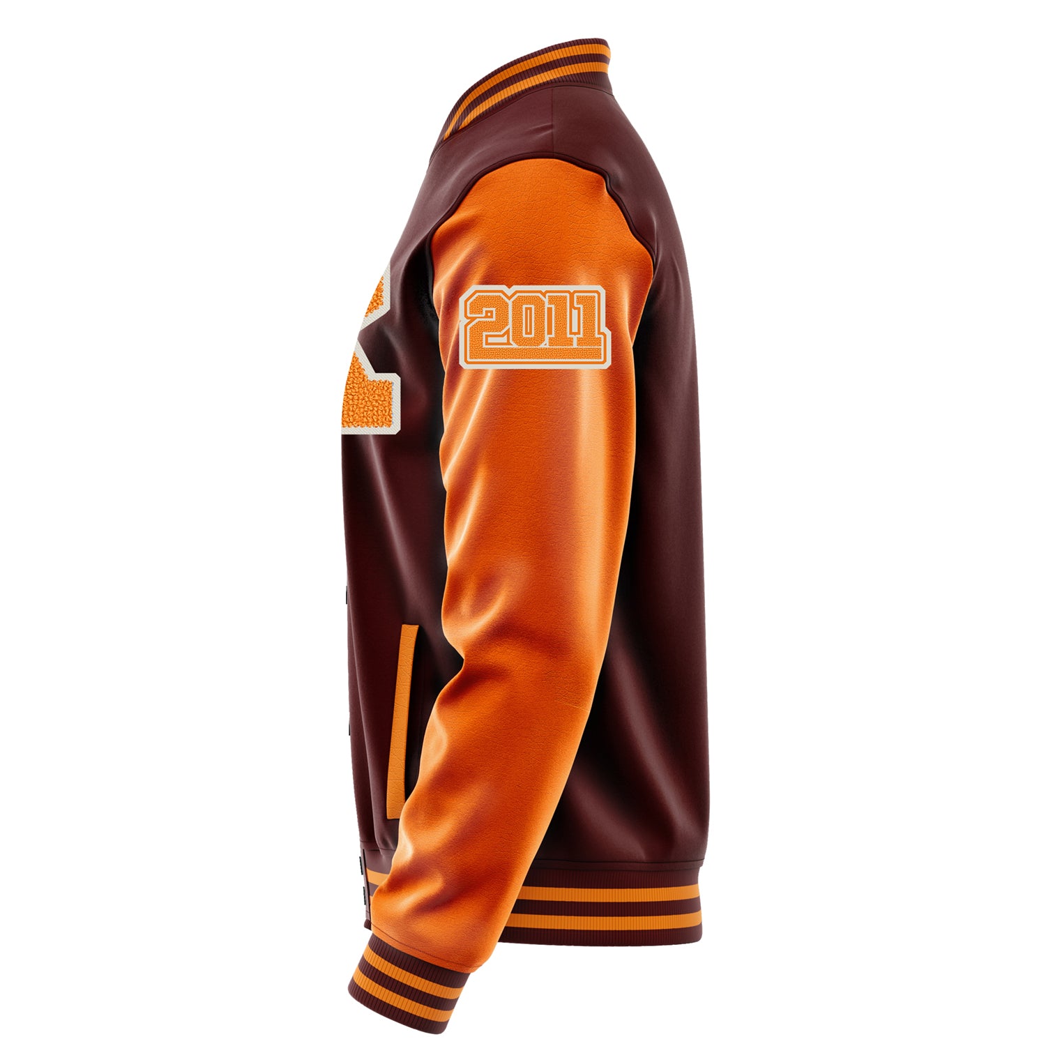Custom Wine Red Varsity Jacket Patches Orange Leather Sleeves - For Fox Sake.I Don't Care!