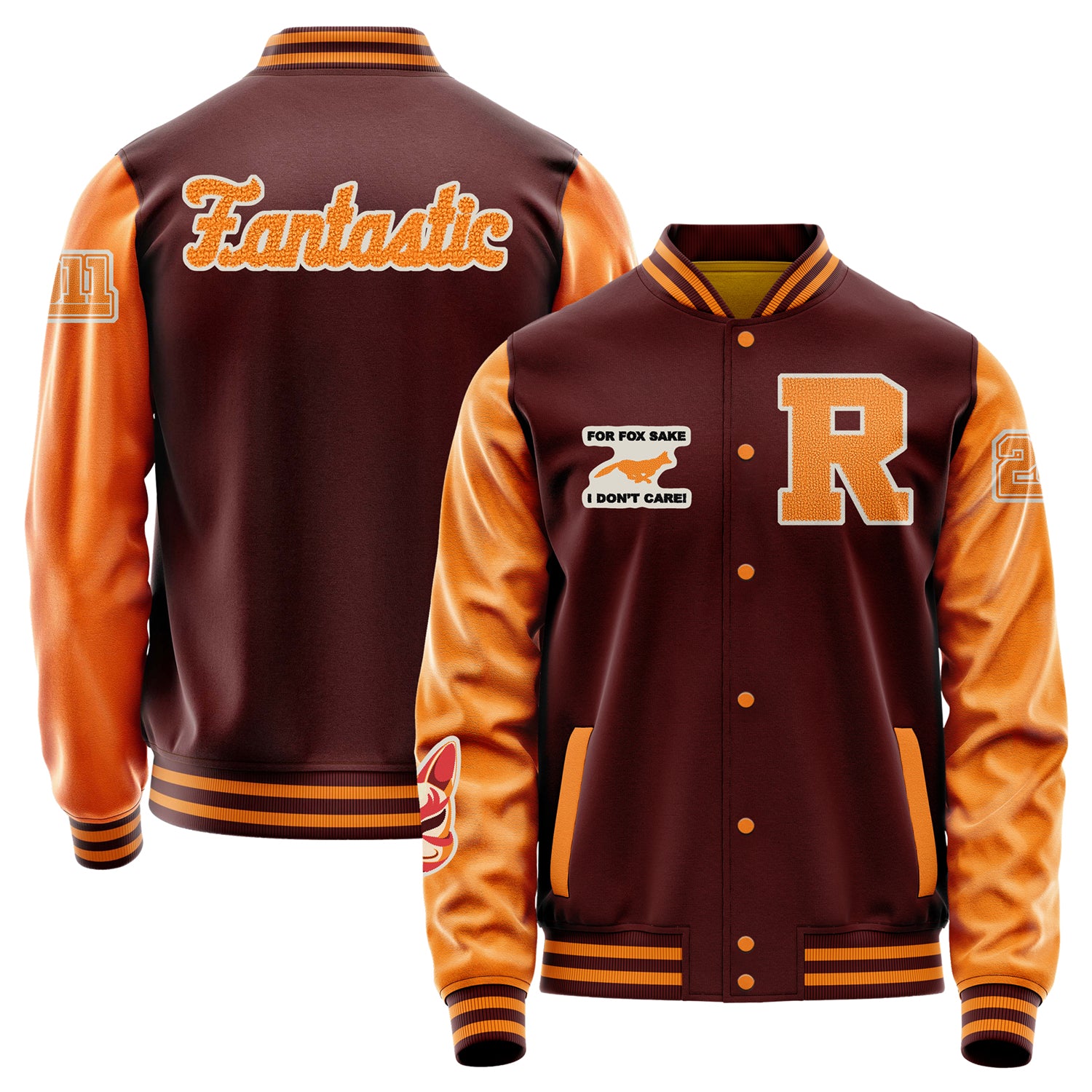 Custom Wine Red Varsity Jacket Patches Orange Leather Sleeves - For Fox Sake.I Don't Care!