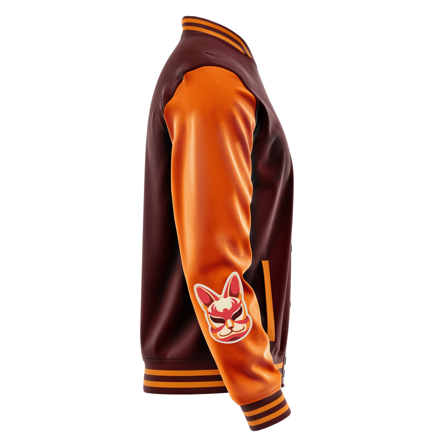 Custom Wine Red Varsity Jacket Patches Orange Leather Sleeves - For Fox Sake.I Don't Care!