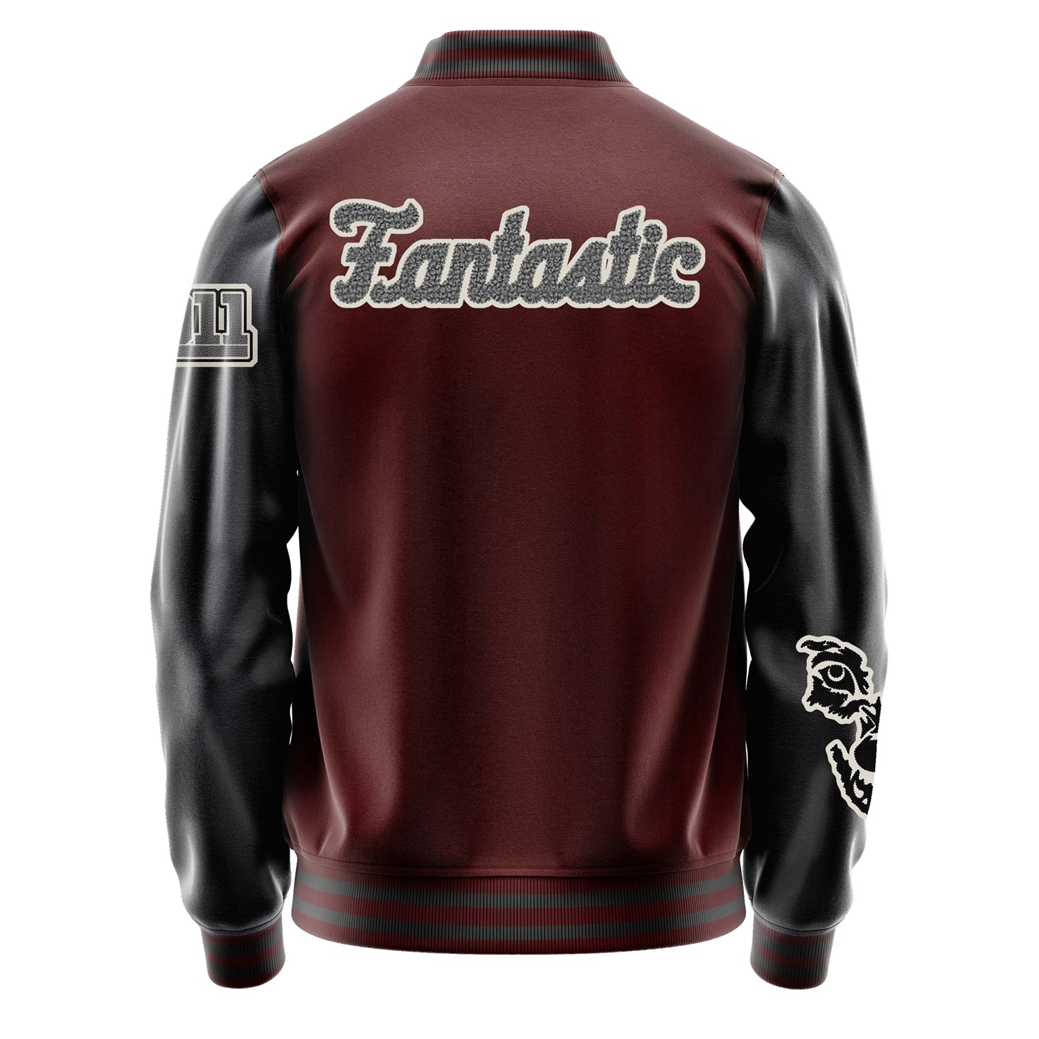 Custom Wine Red Varsity Jacket Patches Dark Gray Leather Sleeves - Fox Paw Prints