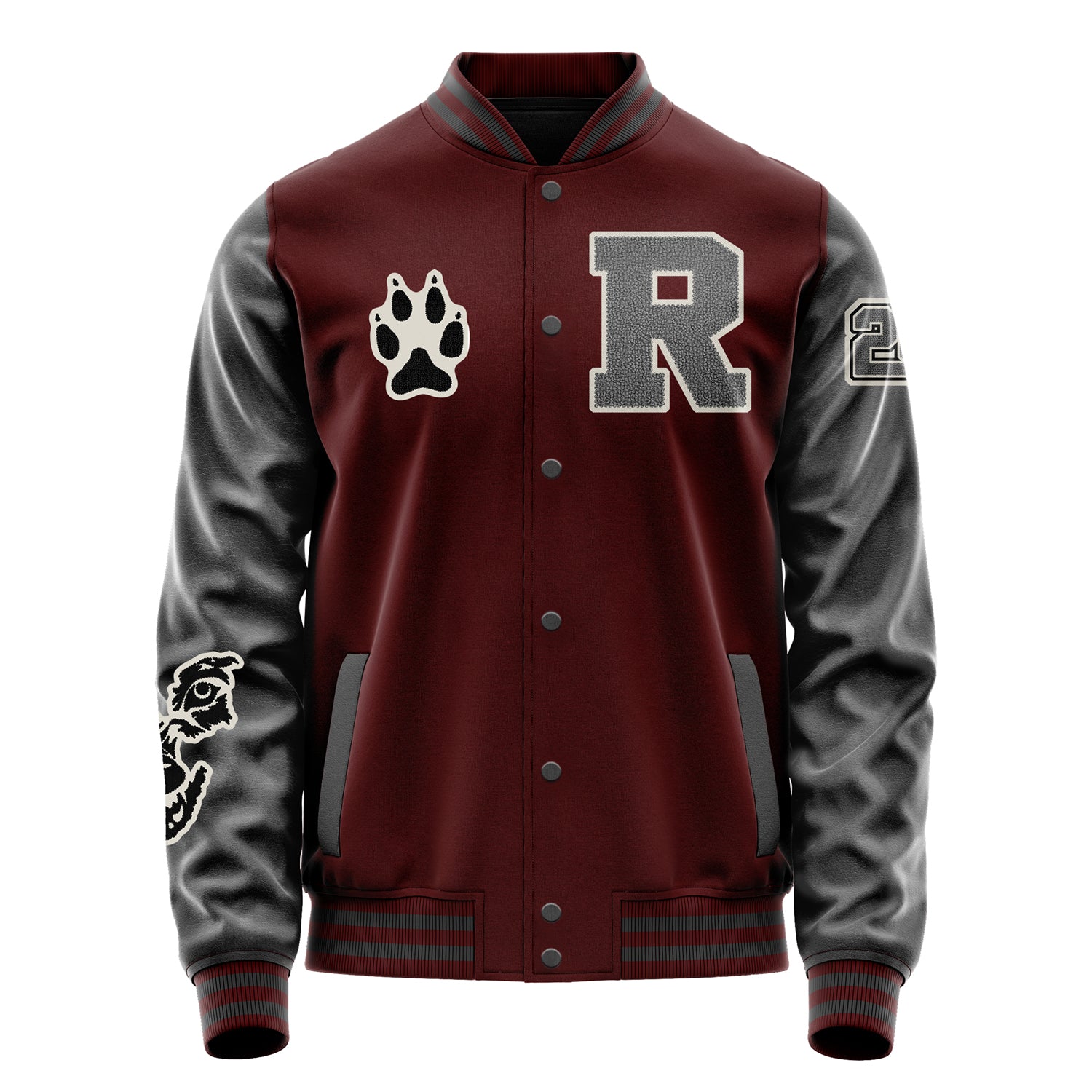 Custom Wine Red Varsity Jacket Patches Dark Gray Leather Sleeves - Fox Paw Prints