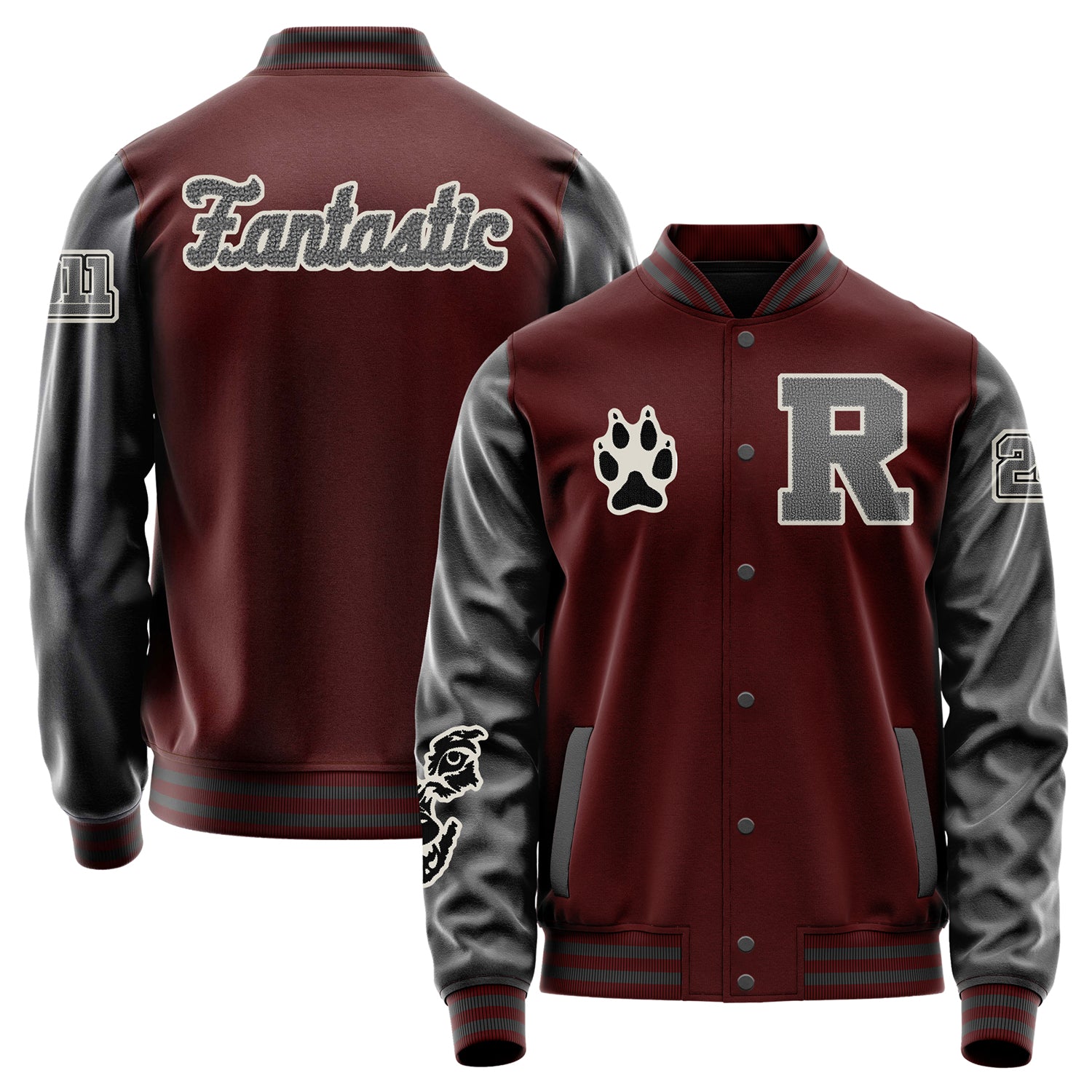 Custom Wine Red Varsity Jacket Patches Dark Gray Leather Sleeves - Fox Paw Prints