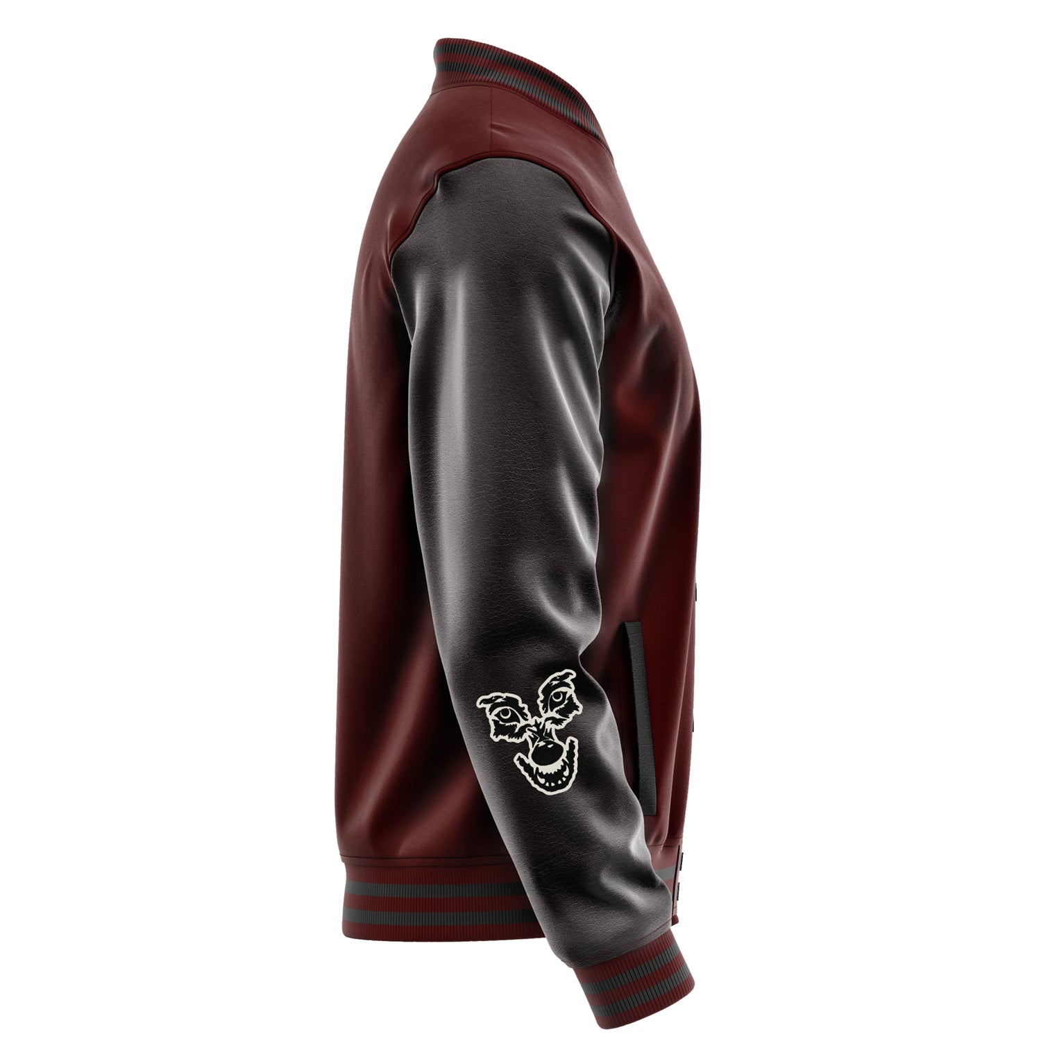 Custom Wine Red Varsity Jacket Patches Dark Gray Leather Sleeves - Fox Paw Prints