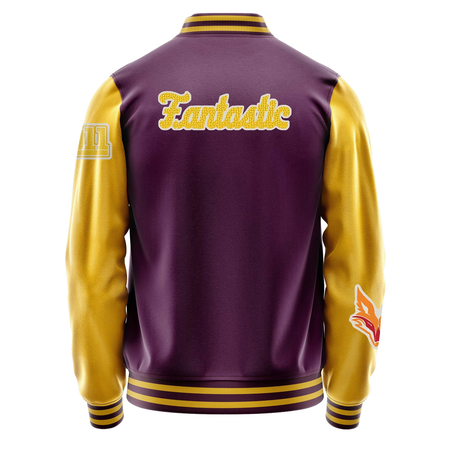 Custom Purple Varsity Jacket Patches Egg Yellow Leather Sleeves - Moon Fox