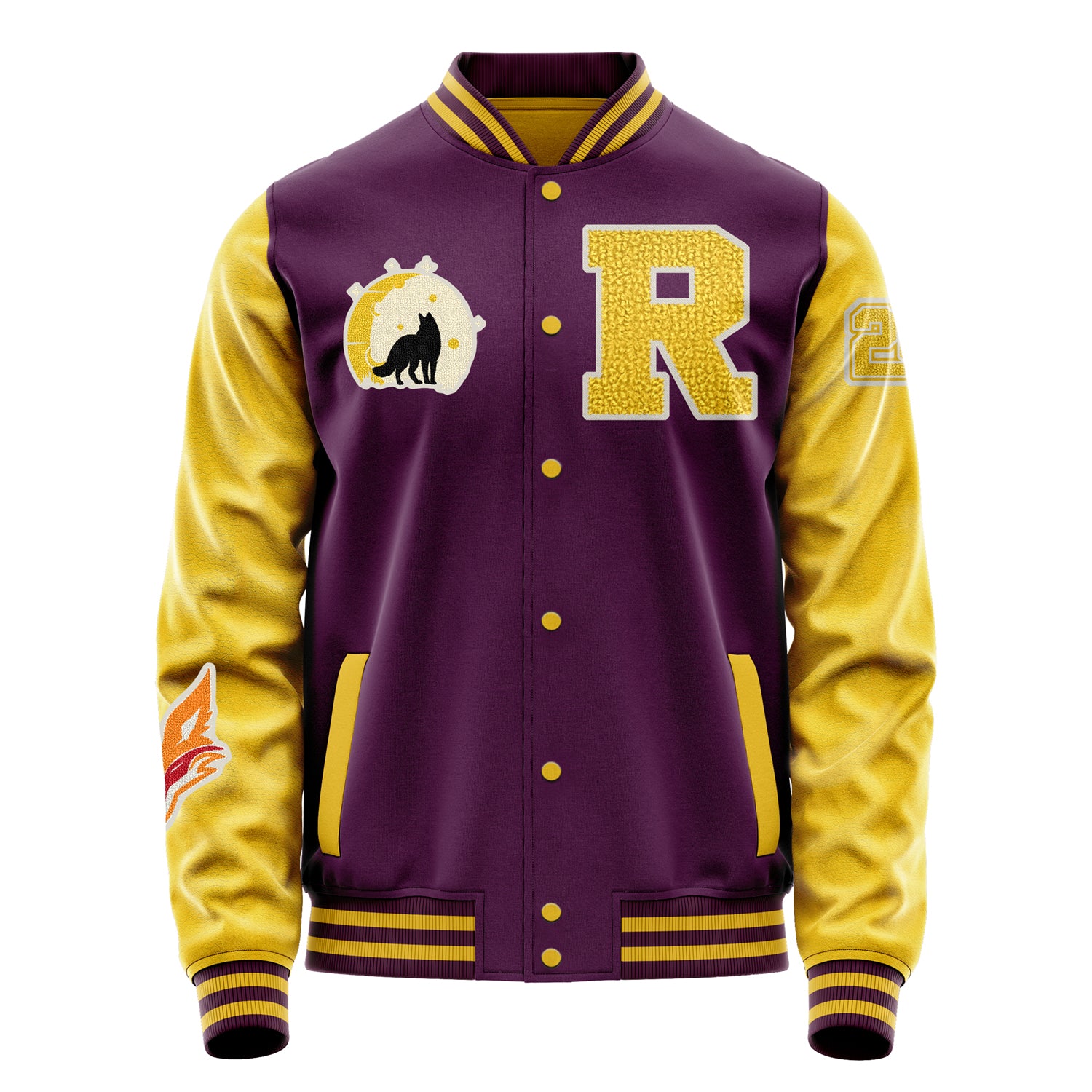 Custom Purple Varsity Jacket Patches Egg Yellow Leather Sleeves - Moon Fox