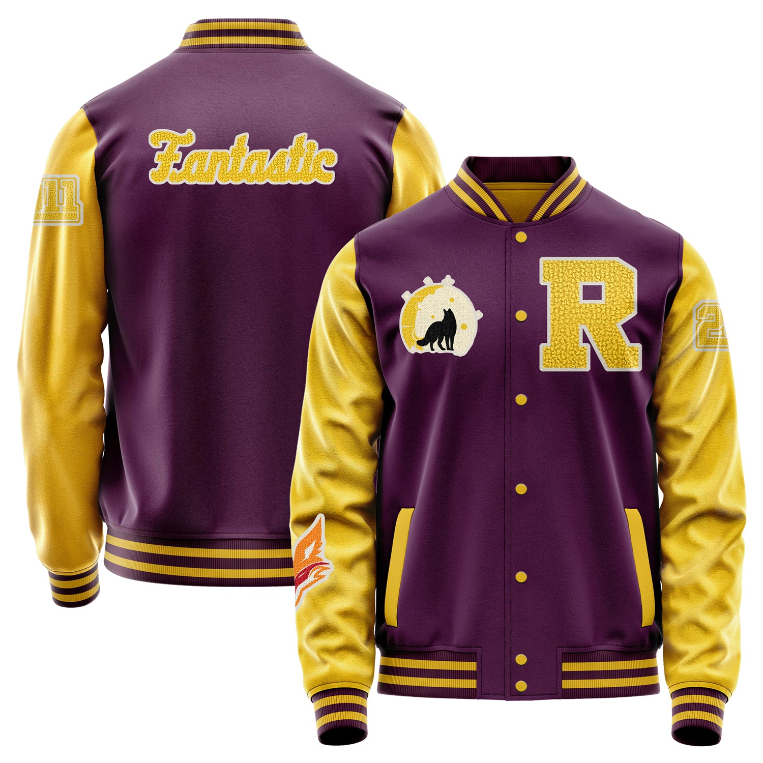 Custom Purple Varsity Jacket Patches Egg Yellow Leather Sleeves - Moon Fox