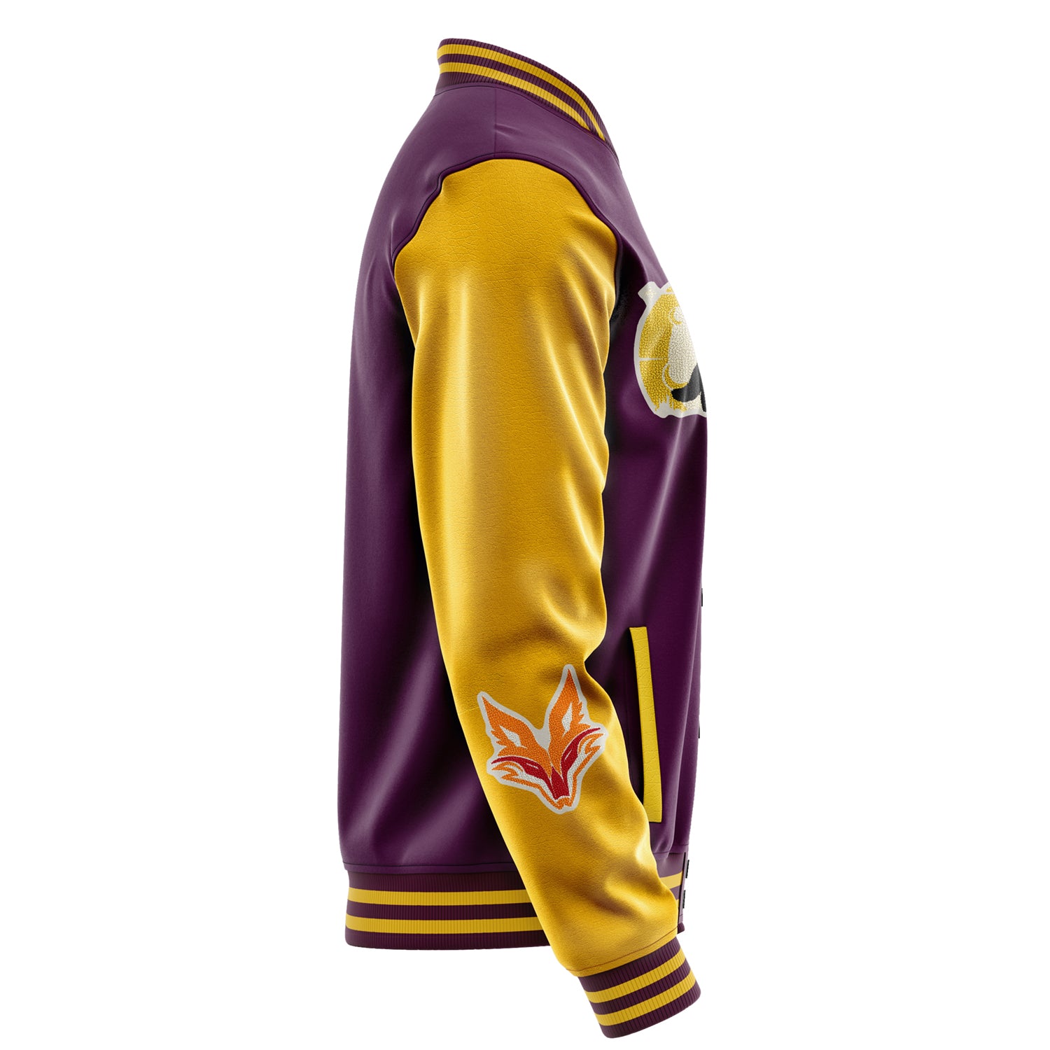 Custom Purple Varsity Jacket Patches Egg Yellow Leather Sleeves - Moon Fox