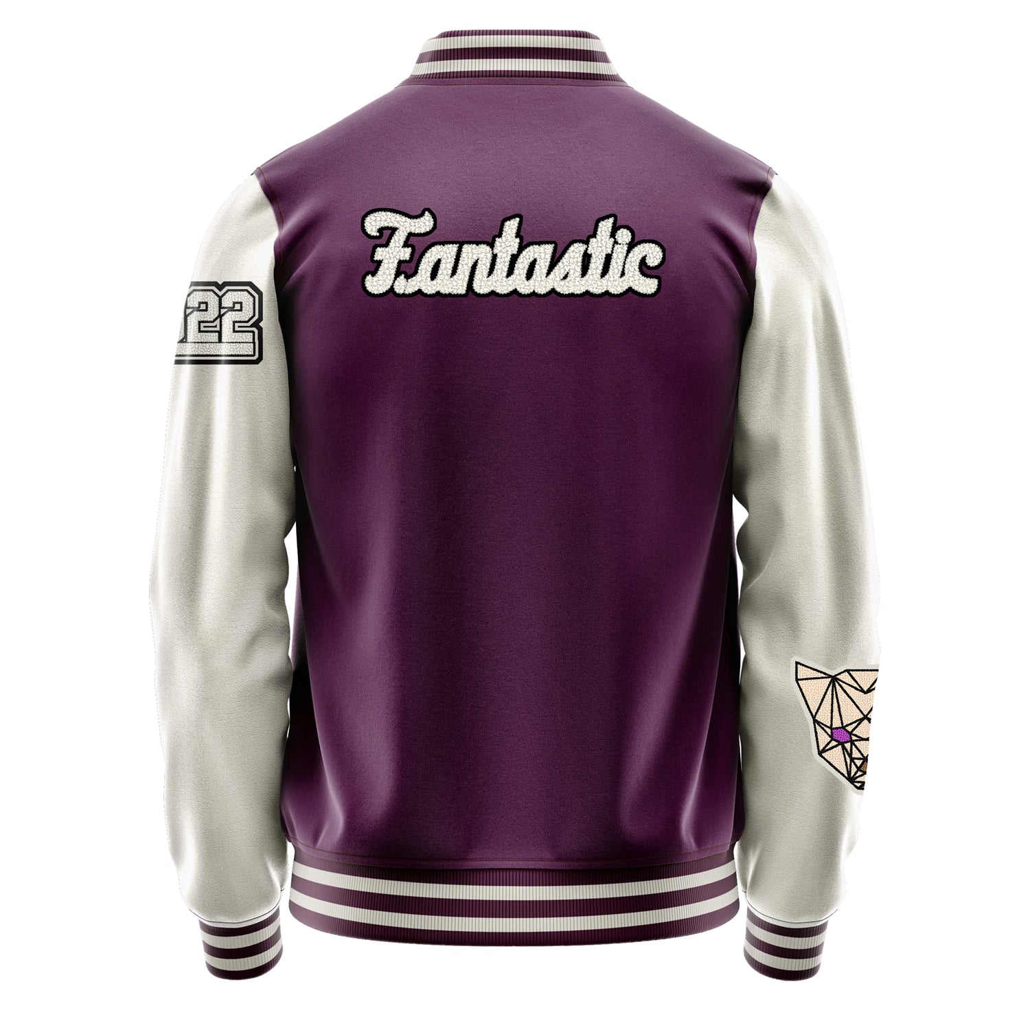 Custom Purple Varsity Jacket Patches Beige Leather Sleeves - For Fox Sake.I Don't Care!