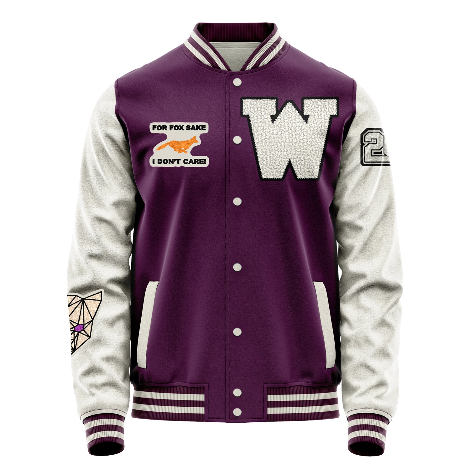 Custom Purple Varsity Jacket Patches Beige Leather Sleeves - For Fox Sake.I Don't Care!