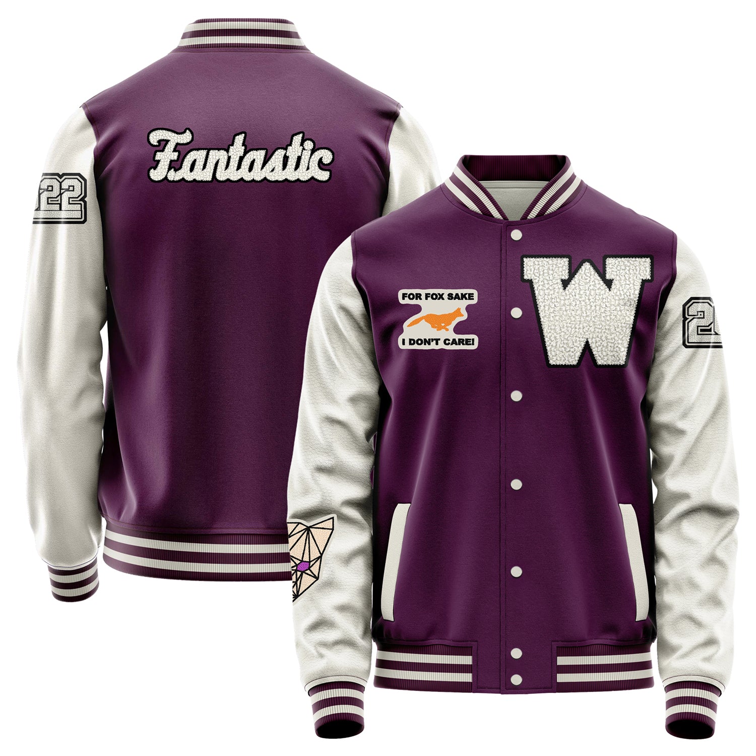 Custom Purple Varsity Jacket Patches Beige Leather Sleeves - For Fox Sake.I Don't Care!