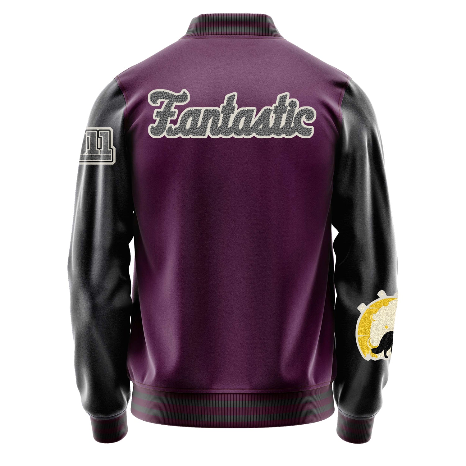Custom Purple Varsity Jacket Patches Dark Gray Leather Sleeves - Angry Fox