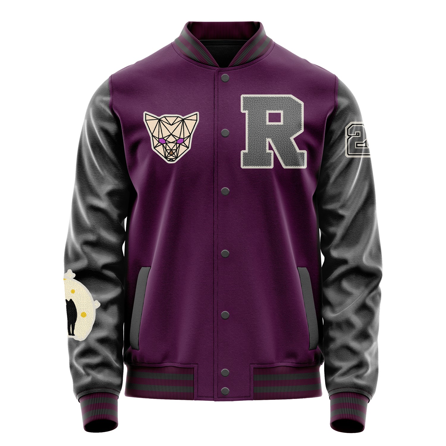 Custom Purple Varsity Jacket Patches Dark Gray Leather Sleeves - Angry Fox