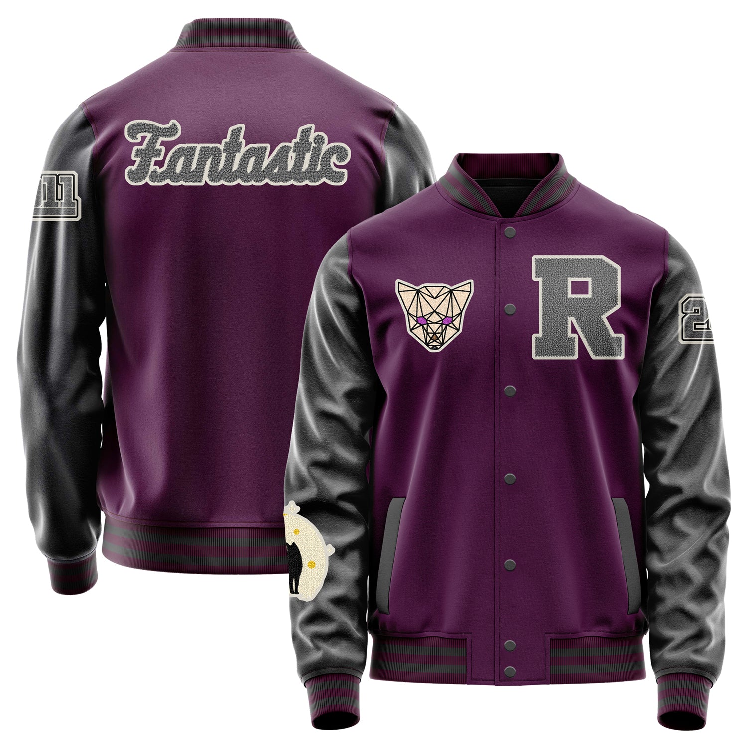 Custom Purple Varsity Jacket Patches Dark Gray Leather Sleeves - Angry Fox