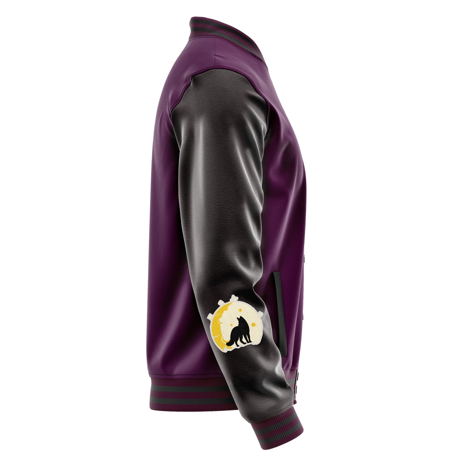Custom Purple Varsity Jacket Patches Dark Gray Leather Sleeves - Angry Fox