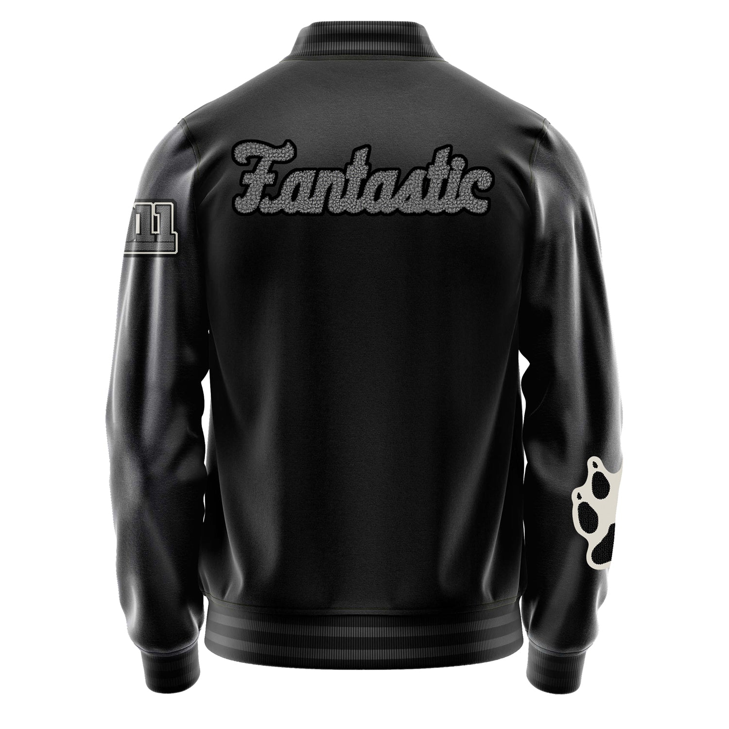 Custom Black Varsity Jacket Patches Dark Gray Leather Sleeves - Fox Paw Prints