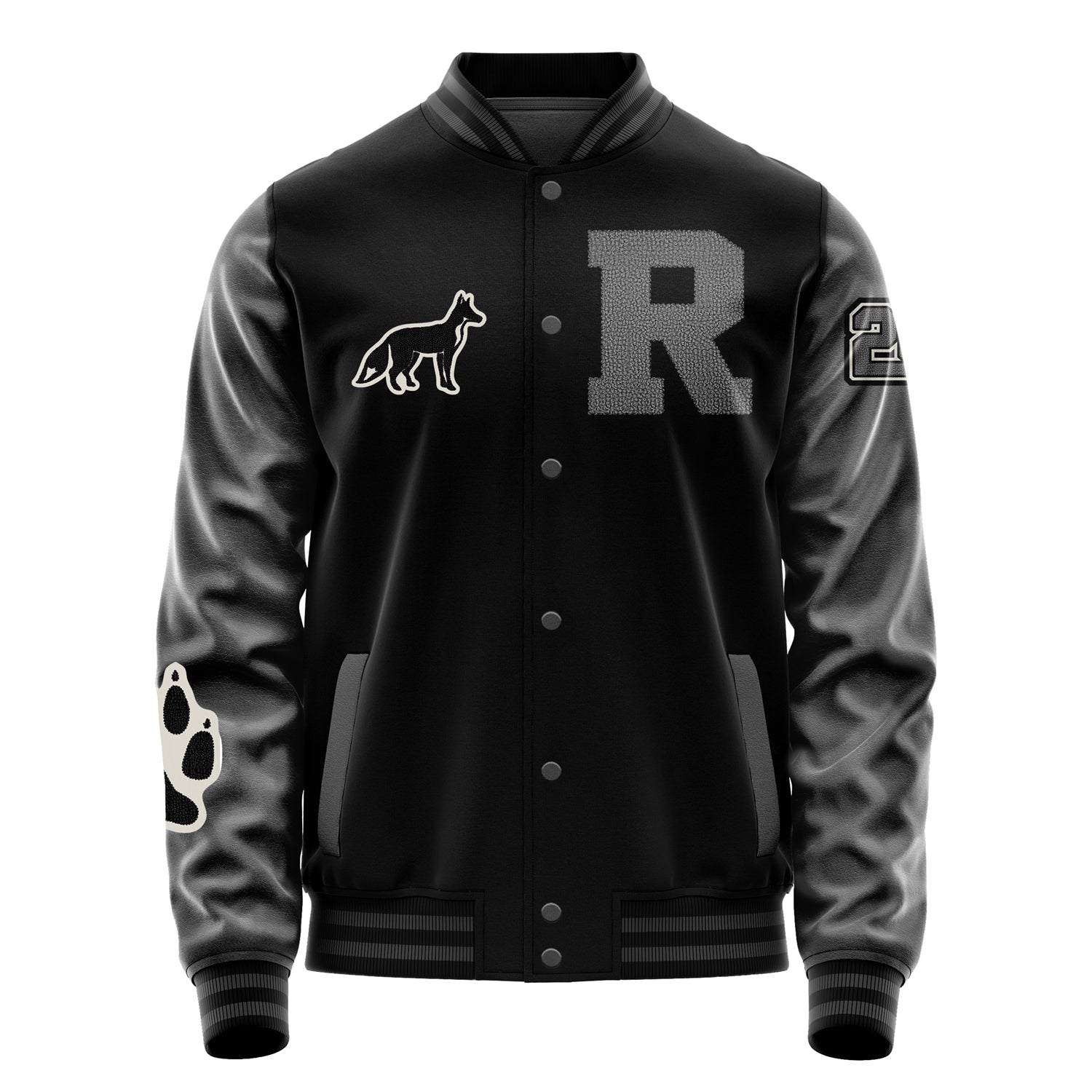 Custom Black Varsity Jacket Patches Dark Gray Leather Sleeves - Fox Paw Prints