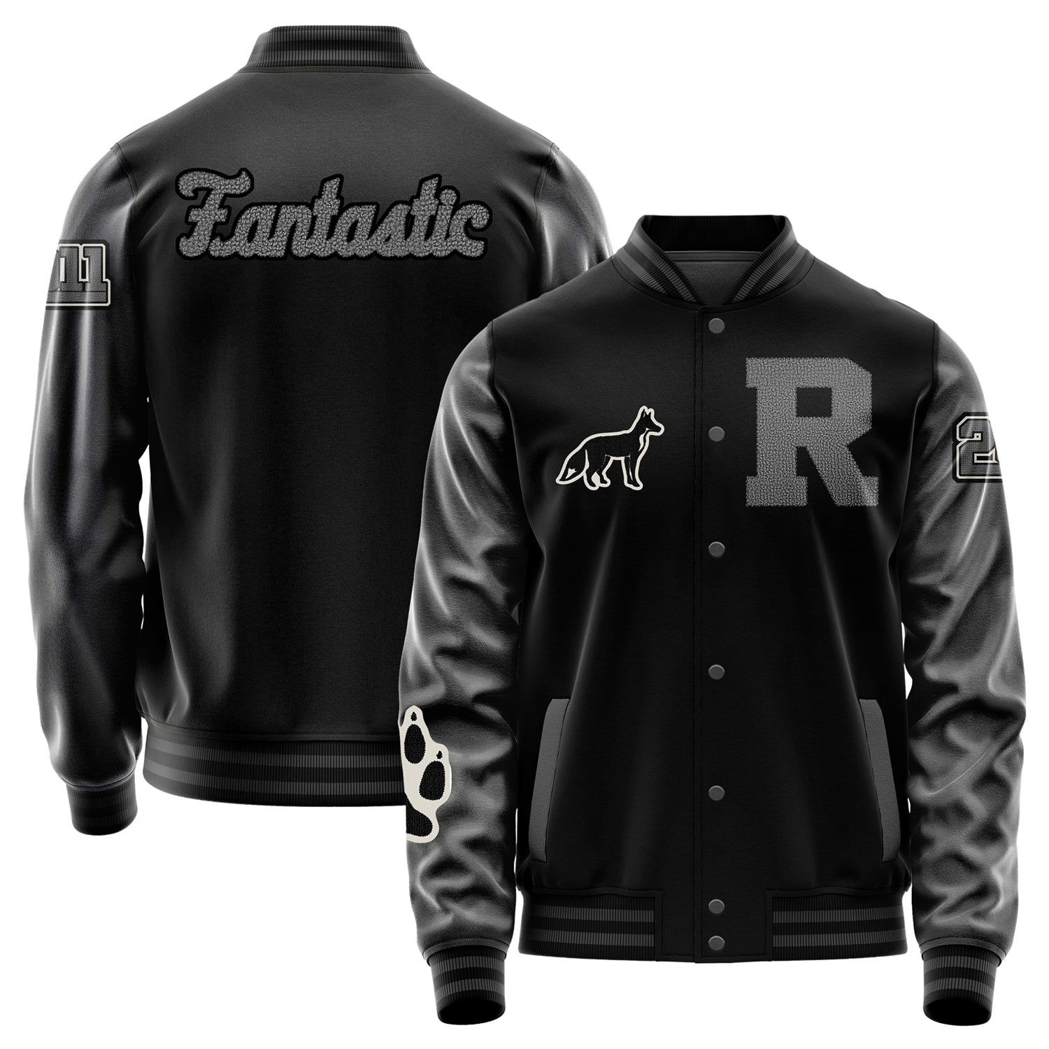 Custom Black Varsity Jacket Patches Dark Gray Leather Sleeves - Fox Paw Prints