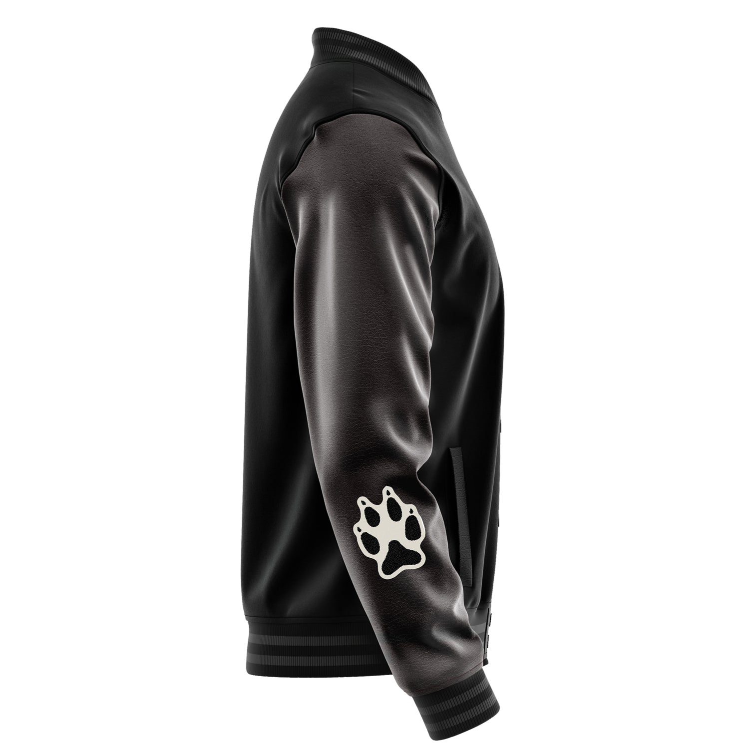 Custom Black Varsity Jacket Patches Dark Gray Leather Sleeves - Fox Paw Prints