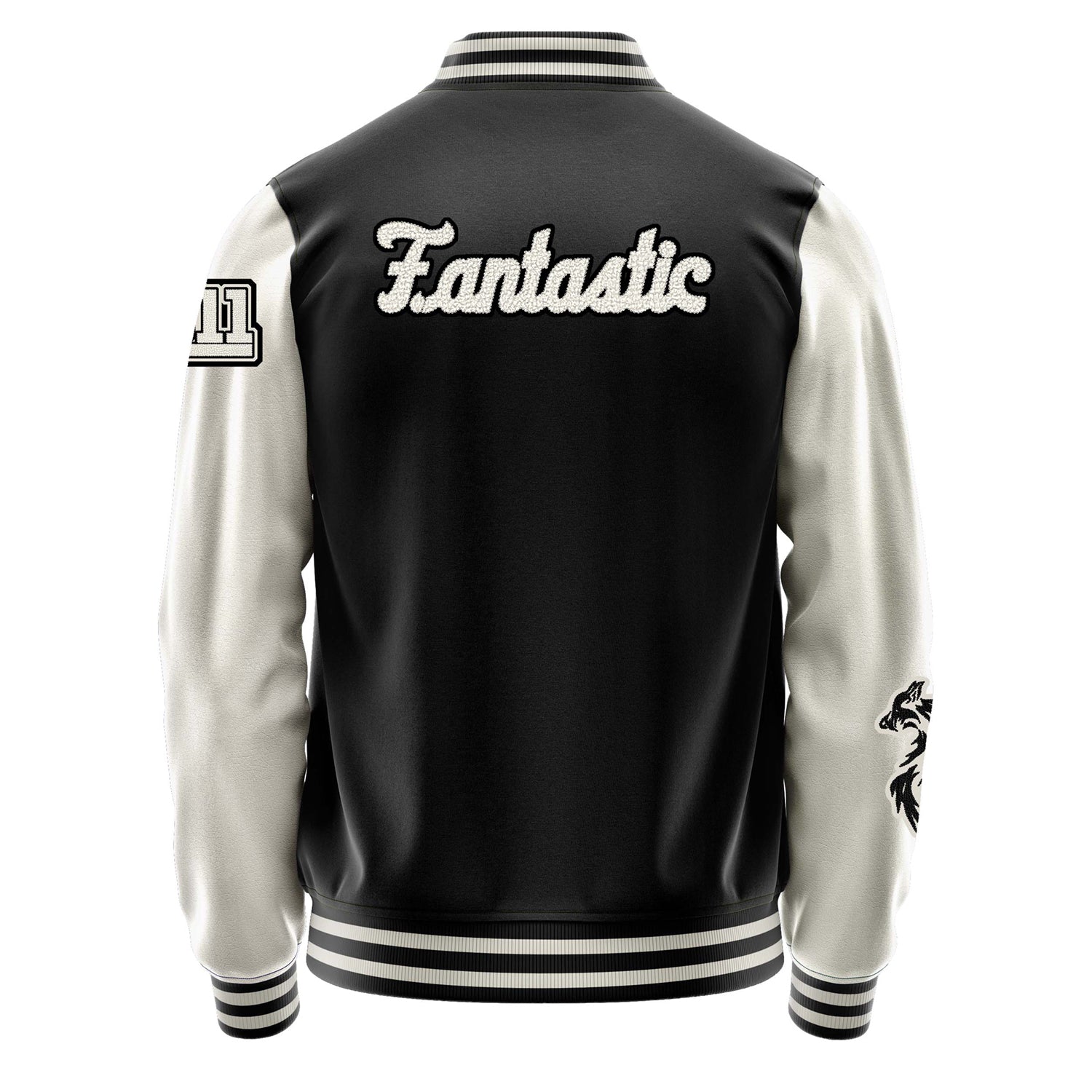 Custom Black Varsity Jacket Patches Beige Leather Sleeves - Fox Silhouette