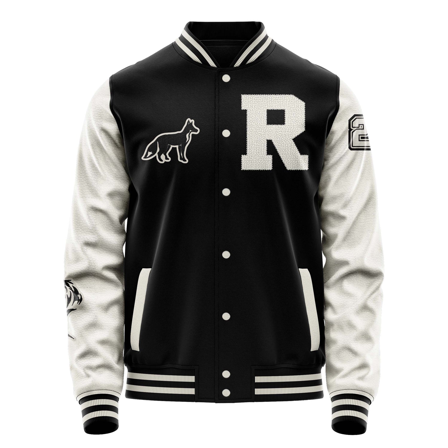 Custom Black Varsity Jacket Patches Beige Leather Sleeves - Fox Silhouette