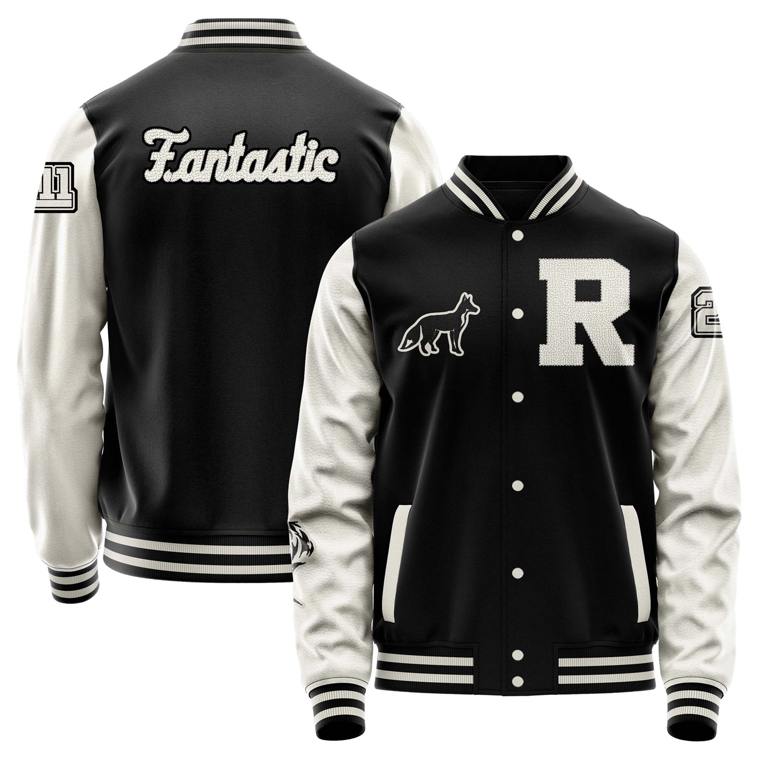 Custom Black Varsity Jacket Patches Beige Leather Sleeves - Fox Silhouette