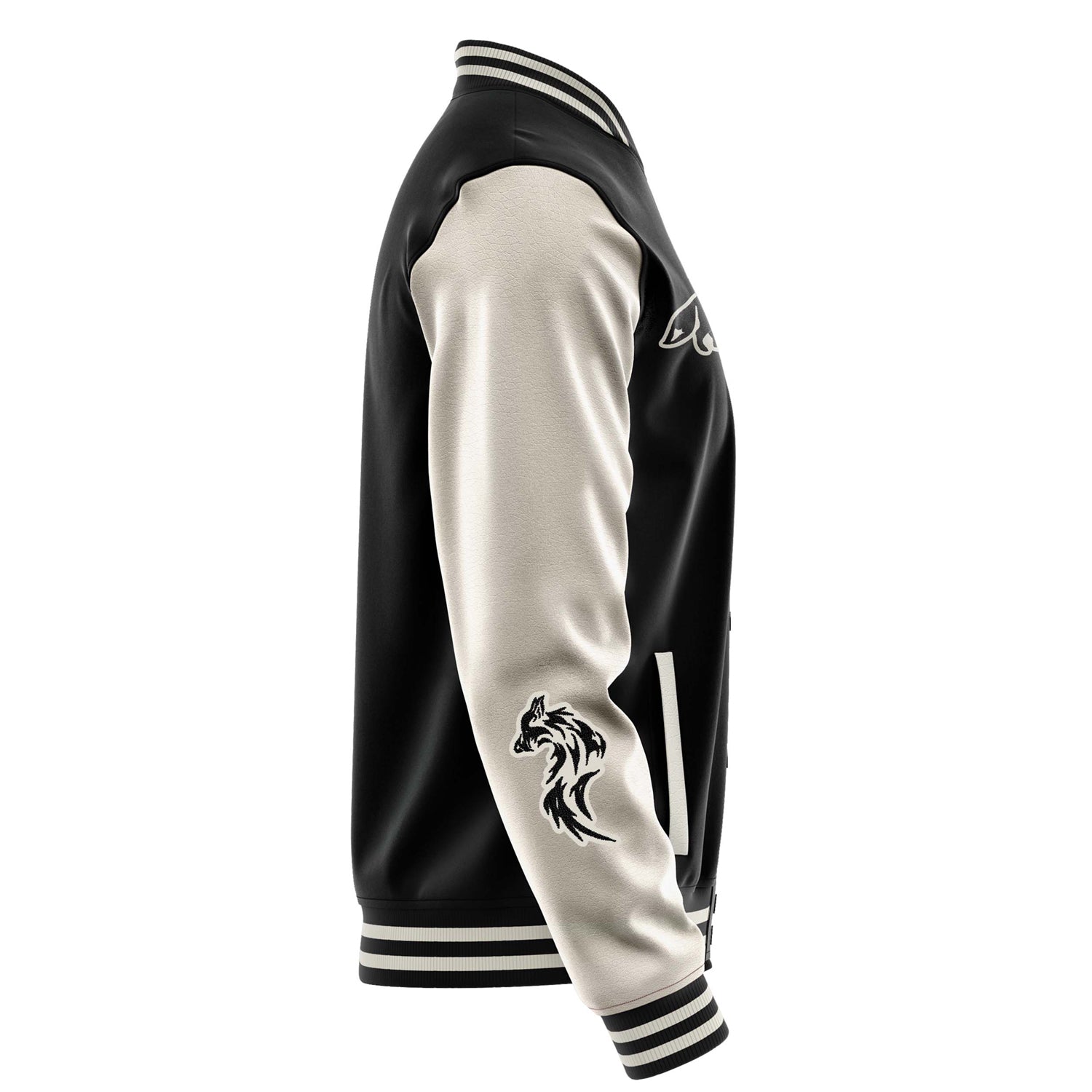 Custom Black Varsity Jacket Patches Beige Leather Sleeves - Fox Silhouette