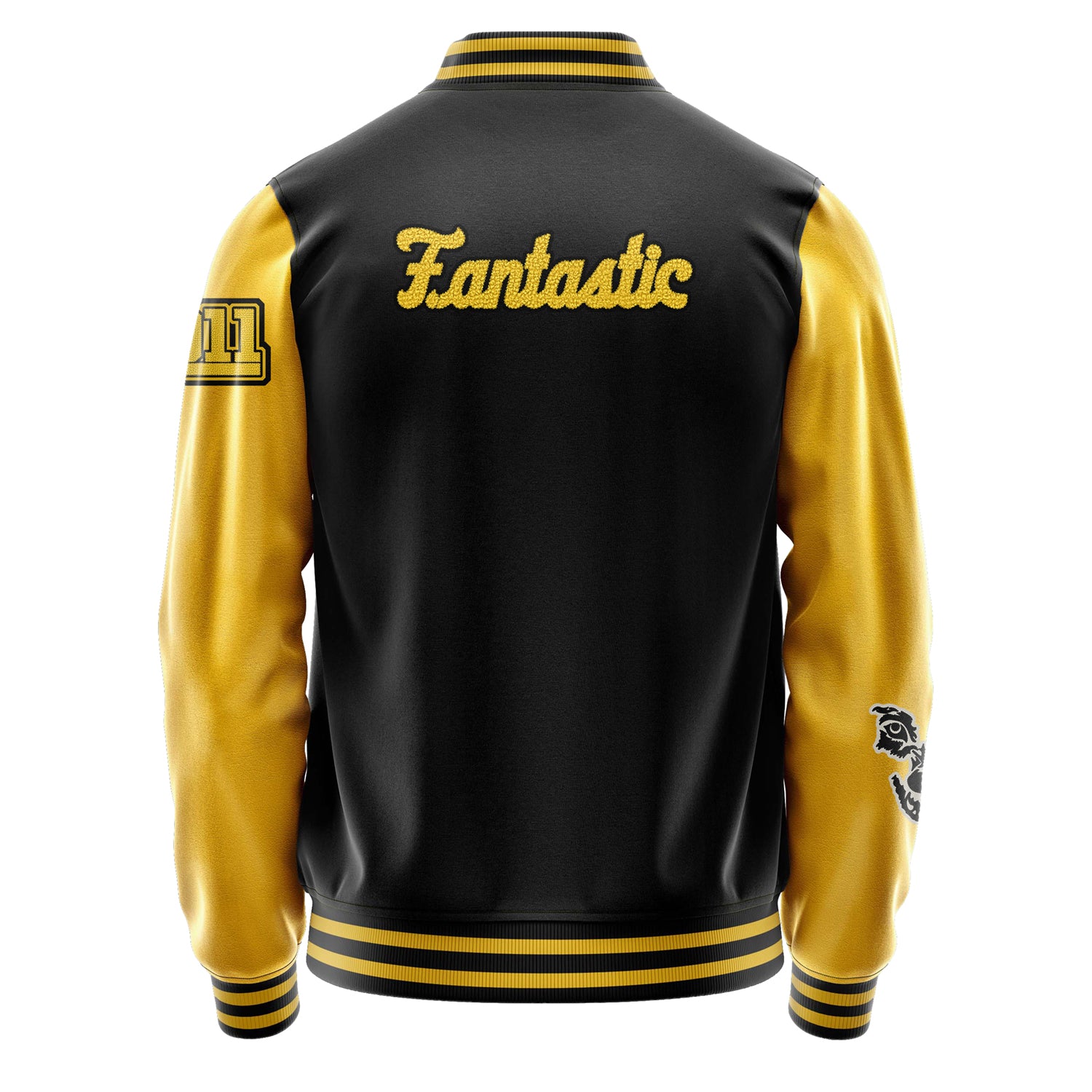 Custom Black Varsity Jacket Patches Egg Yellow Leather Sleeves - Moon Fox