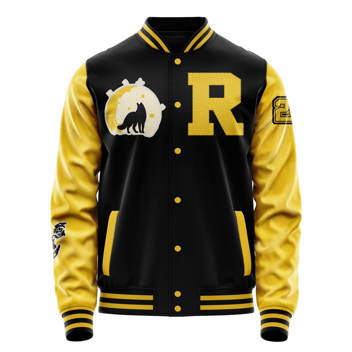 Custom Black Varsity Jacket Patches Egg Yellow Leather Sleeves - Moon Fox