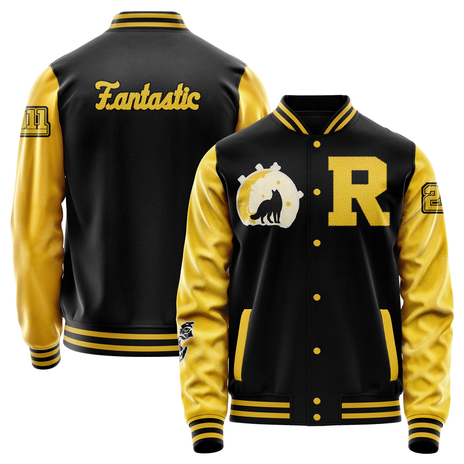 Custom Black Varsity Jacket Patches Egg Yellow Leather Sleeves - Moon Fox