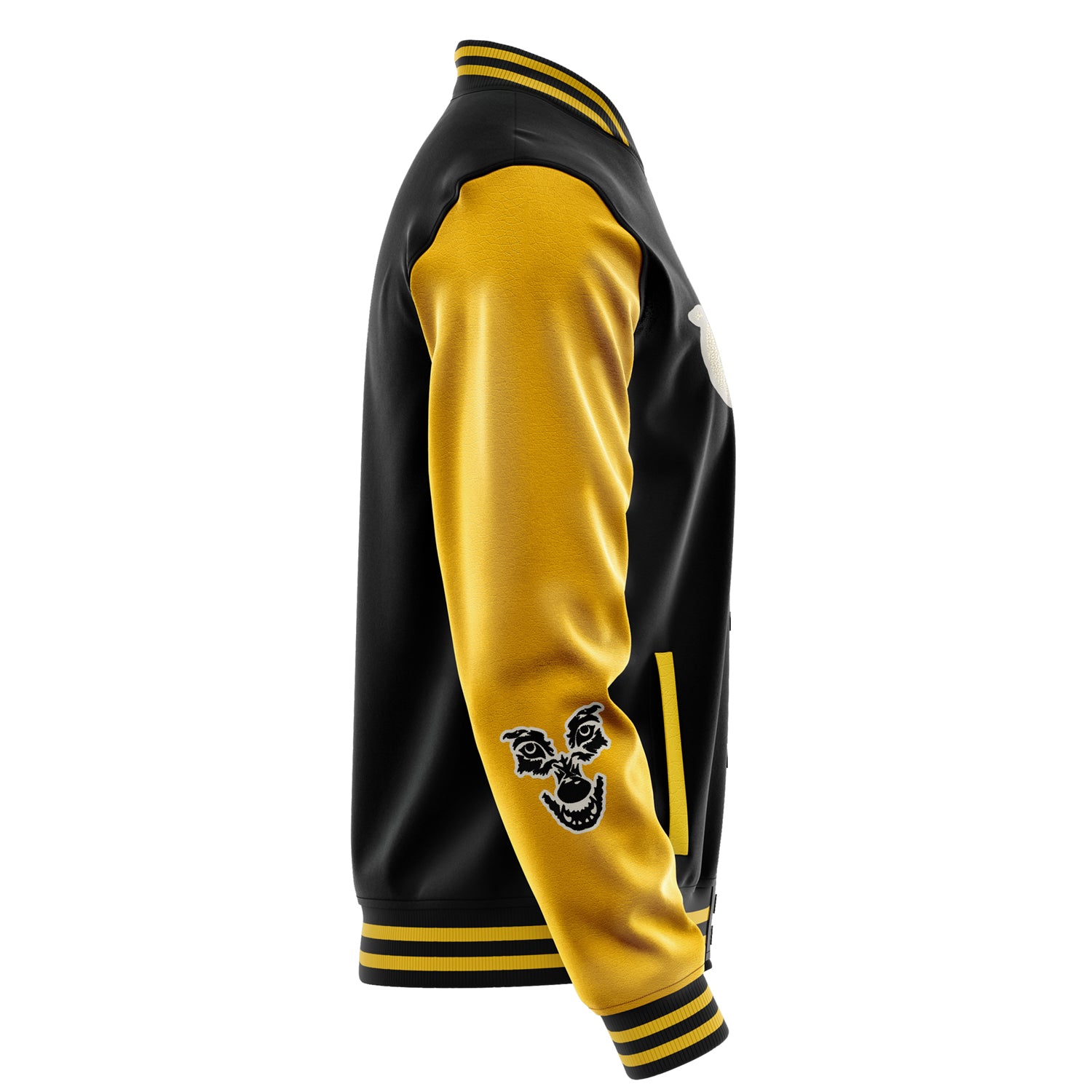 Custom Black Varsity Jacket Patches Egg Yellow Leather Sleeves - Moon Fox