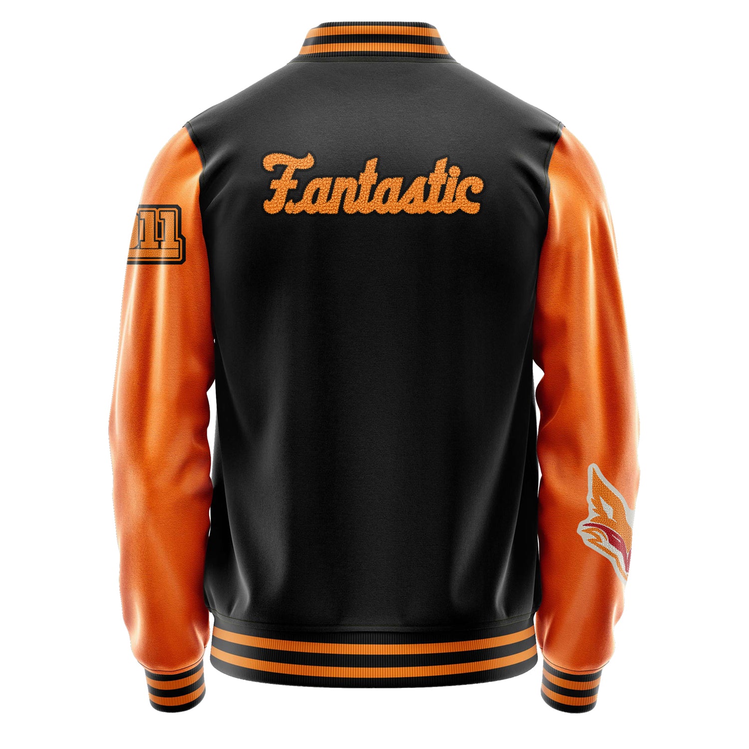 Custom Black Varsity Jacket Patches Orange Leather Sleeves - Fox mask