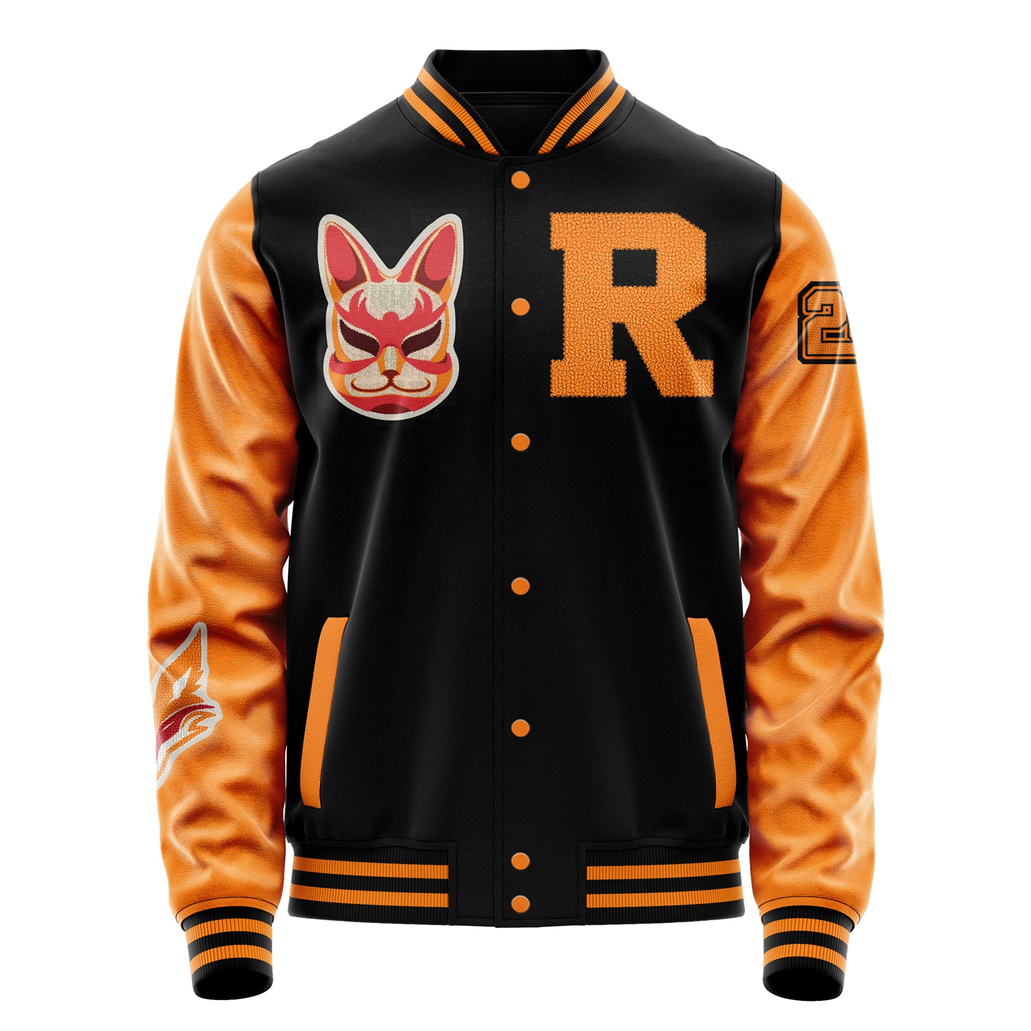 Custom Black Varsity Jacket Patches Orange Leather Sleeves - Fox mask