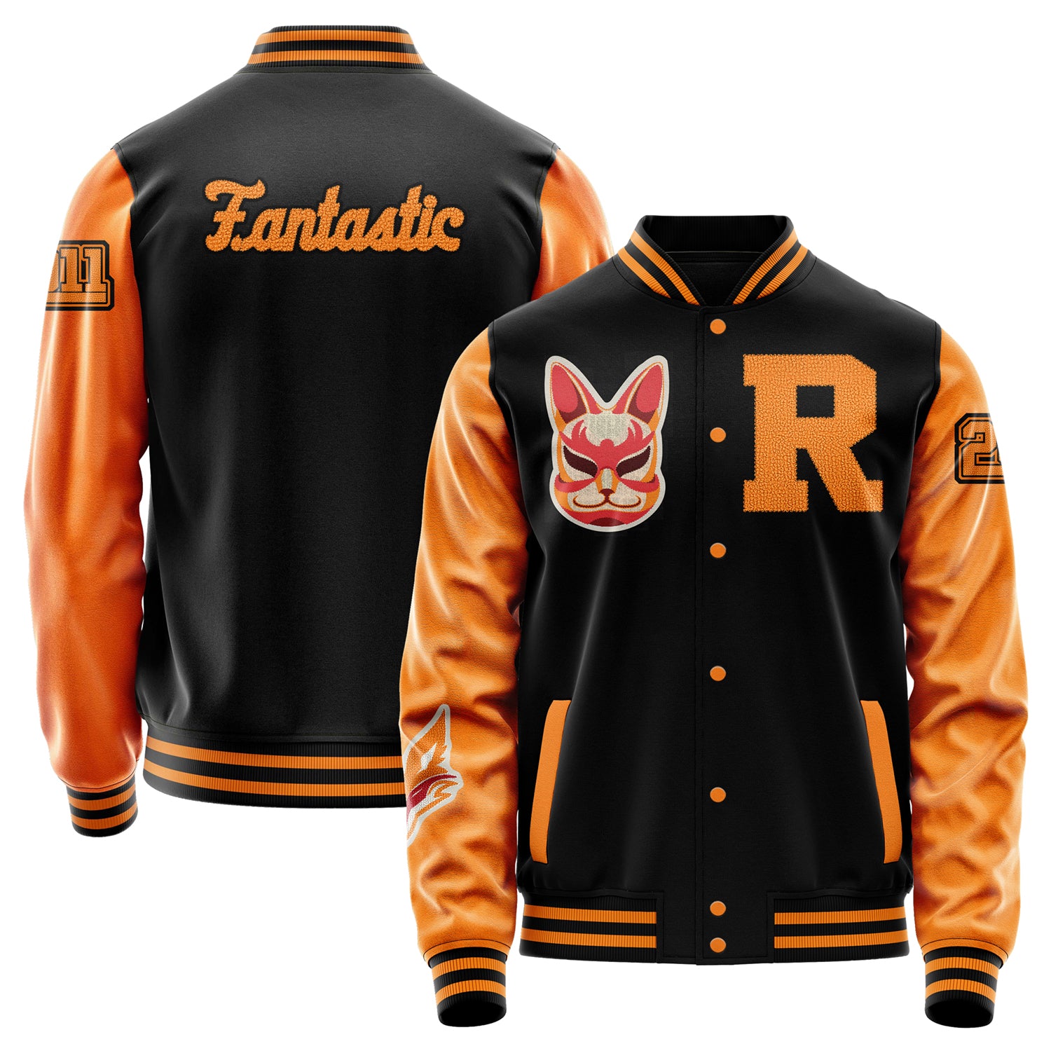 Custom Black Varsity Jacket Patches Orange Leather Sleeves - Fox mask