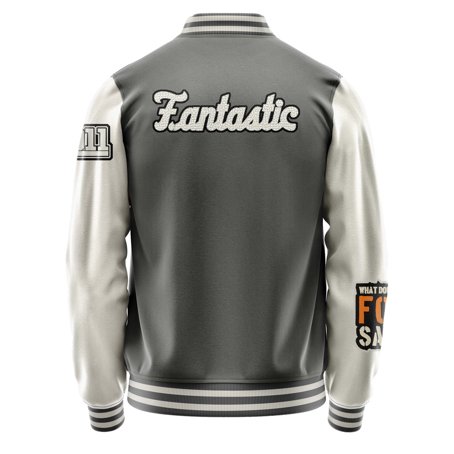 Custom Gray Varsity Jacket Patches Beige Leather Sleeves - What does the fox say？