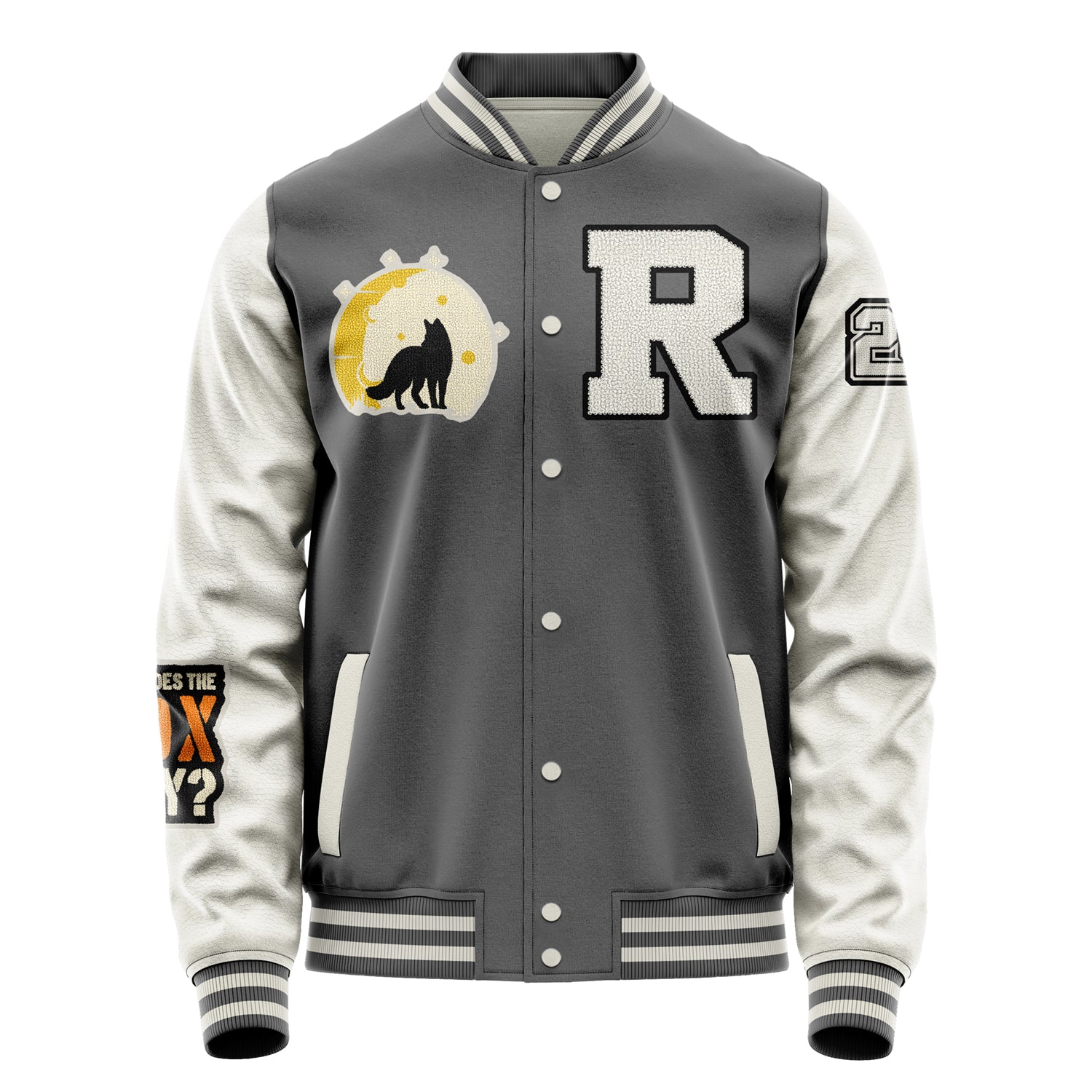 Custom Gray Varsity Jacket Patches Beige Leather Sleeves - What does the fox say？