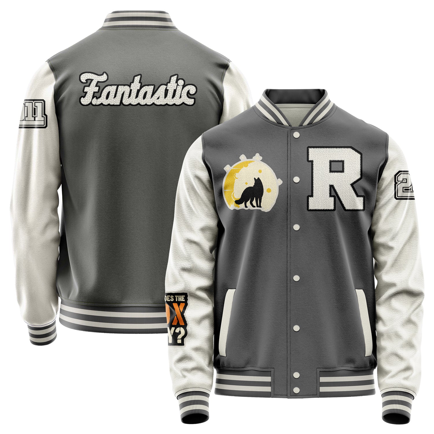 Custom Gray Varsity Jacket Patches Beige Leather Sleeves - What does the fox say？