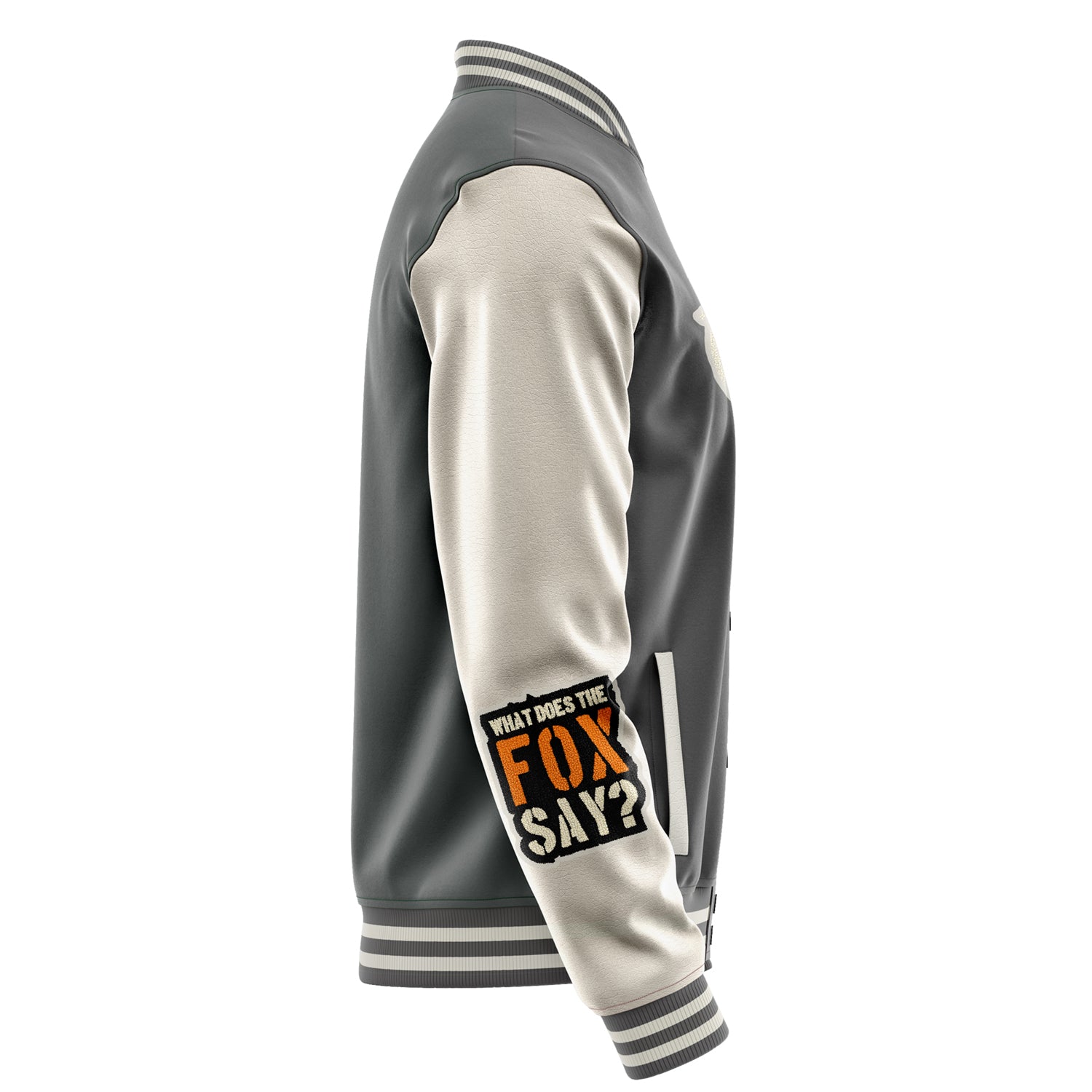 Custom Gray Varsity Jacket Patches Beige Leather Sleeves - What does the fox say？
