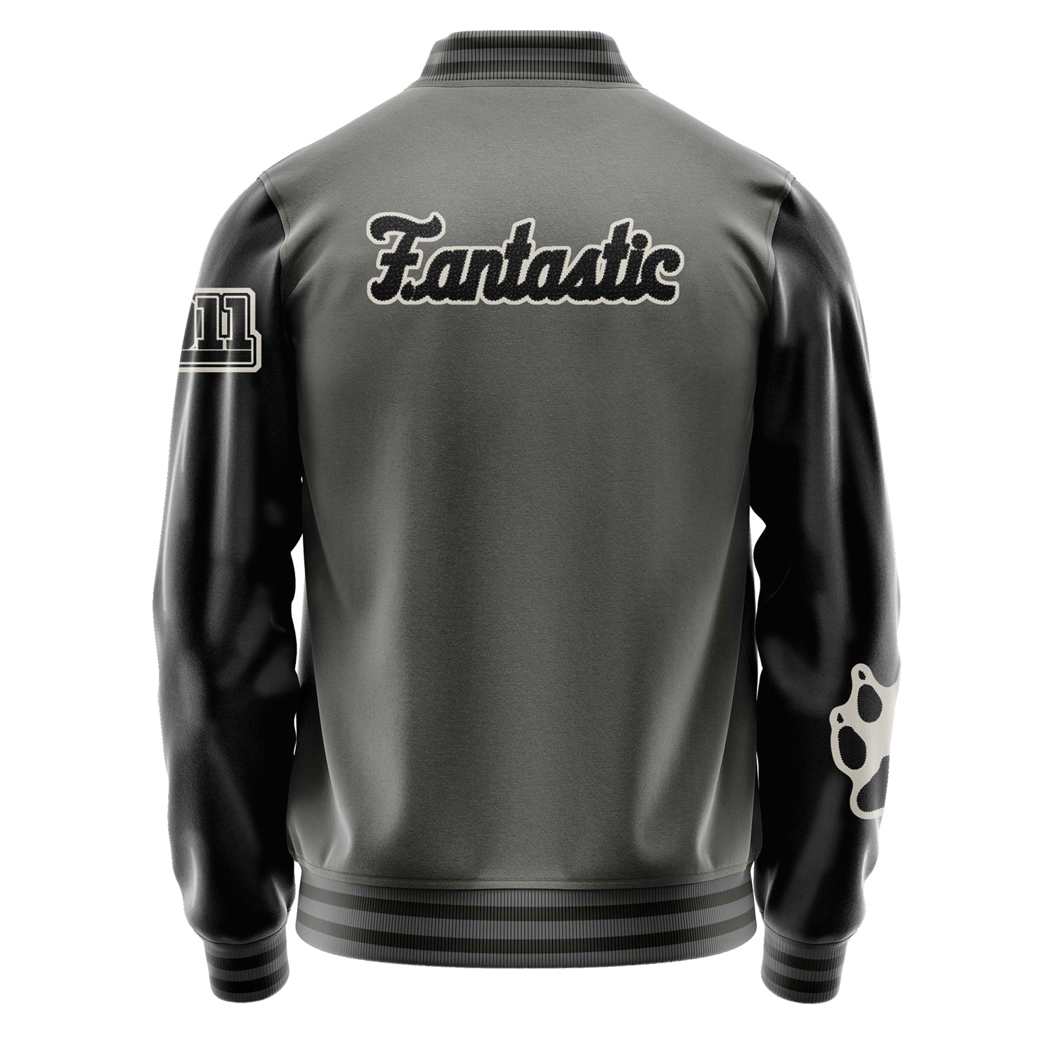 Custom Gray Varsity Jacket Patches Black Leather Sleeves - Fox Paw Prints