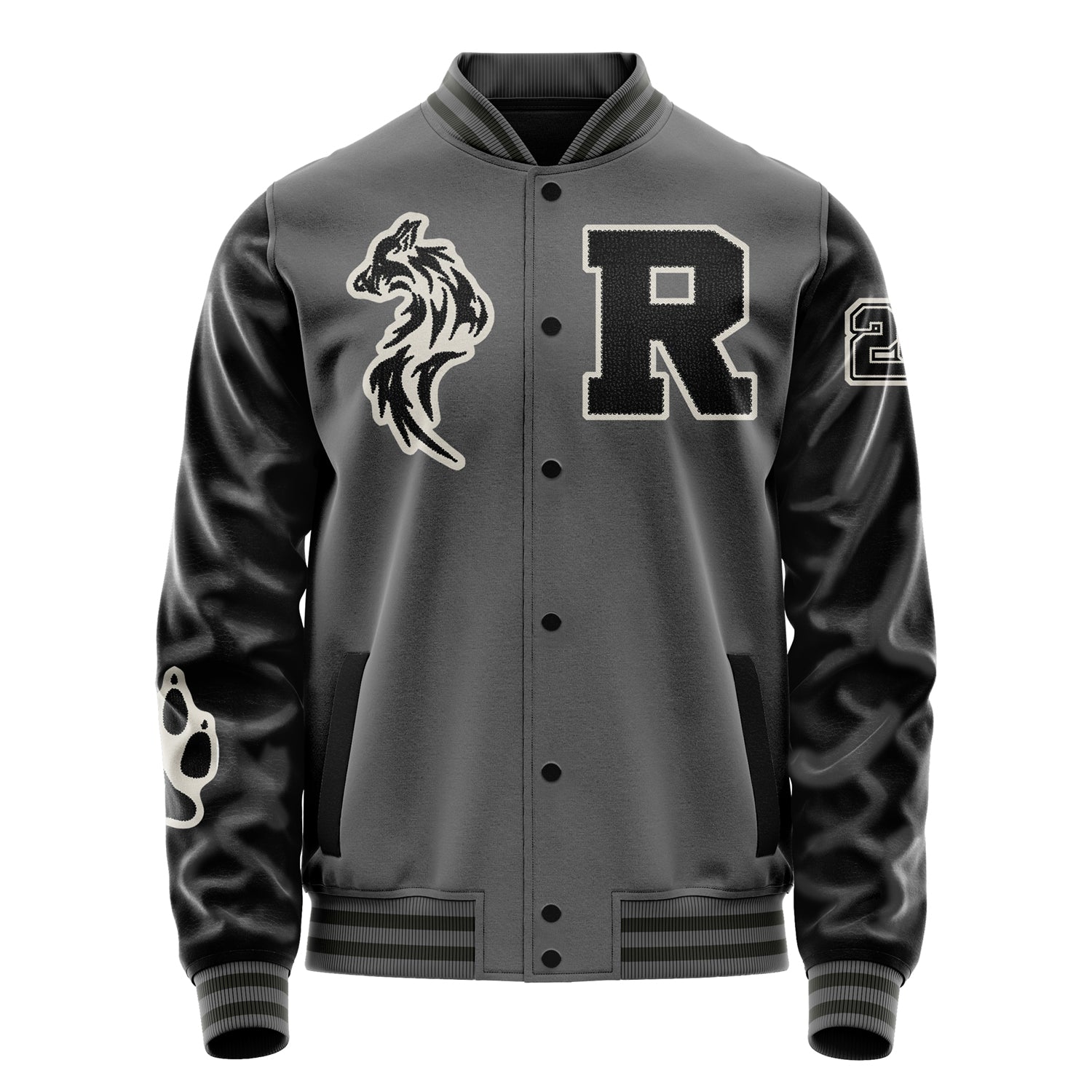 Custom Gray Varsity Jacket Patches Black Leather Sleeves - Fox Paw Prints